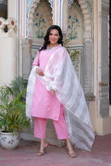 Pink Brocade Kurta-Pant & Dupatta Set with Sequins & Tassels-P1349PINK