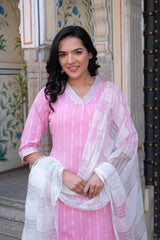 Pink Brocade Kurta-Pant & Dupatta Set with Sequins & Tassels-P1349PINK