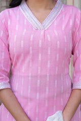 Pink Brocade Kurta-Pant & Dupatta Set with Sequins & Tassels-P1349PINK