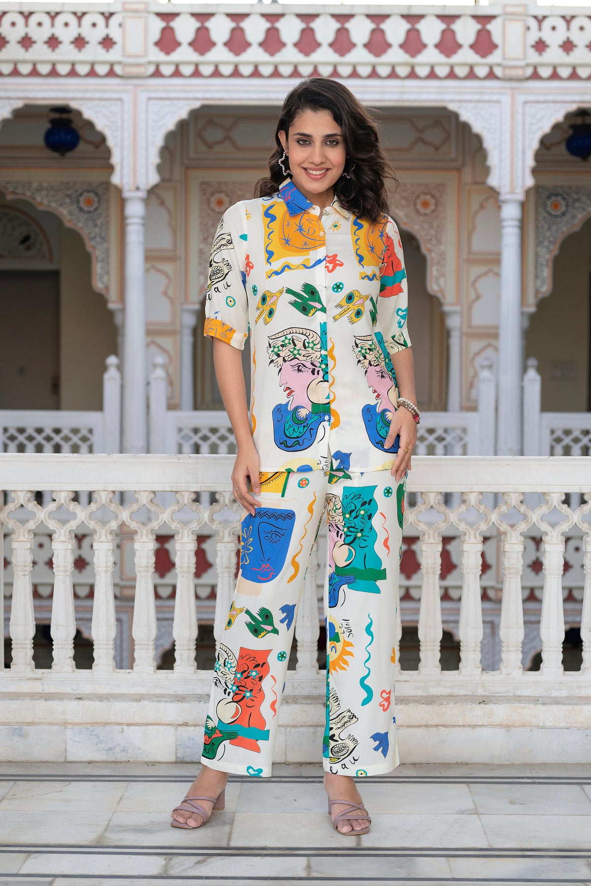 Multicolor Abstract Printed Co-ord Set in White Base-P1350MULTI