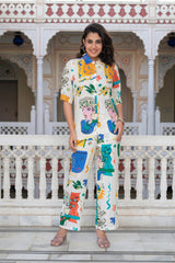 Multicolor Abstract Printed Co-ord Set in White Base-P1350MULTI