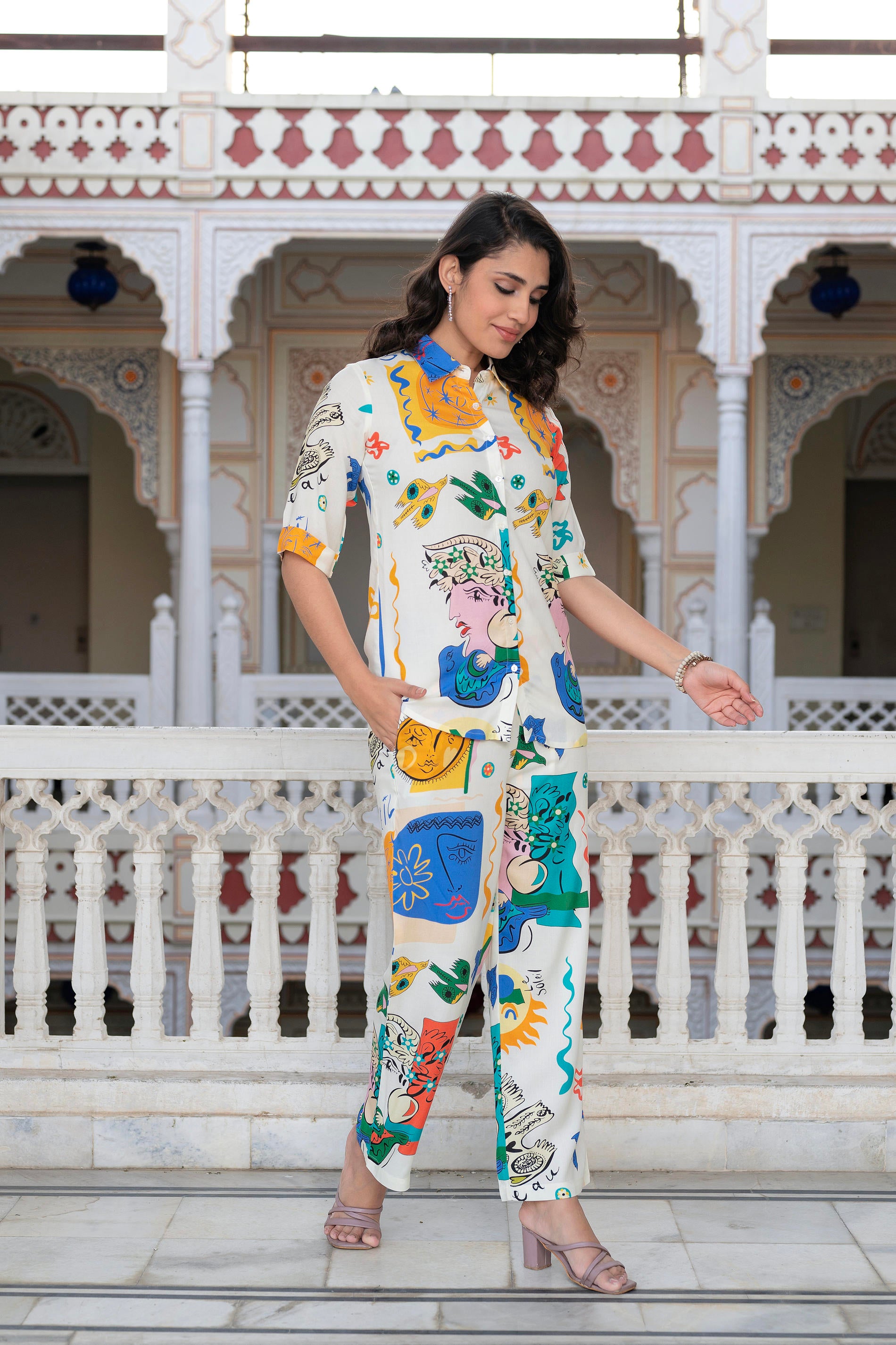 Multicolor Abstract Printed Co-ord Set in White Base-P1350MULTI