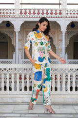 Multicolor Abstract Printed Co-ord Set in White Base-P1350MULTI