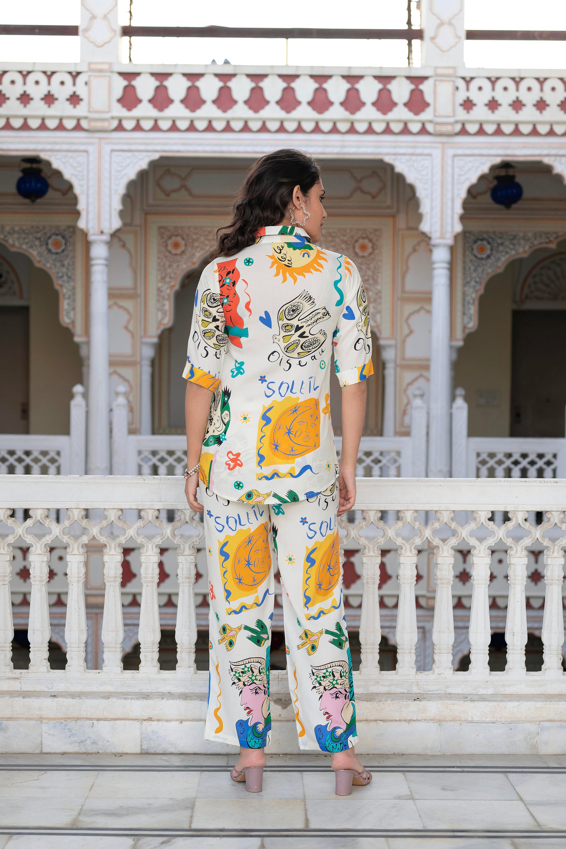 Multicolor Abstract Printed Co-ord Set in White Base-P1350MULTI