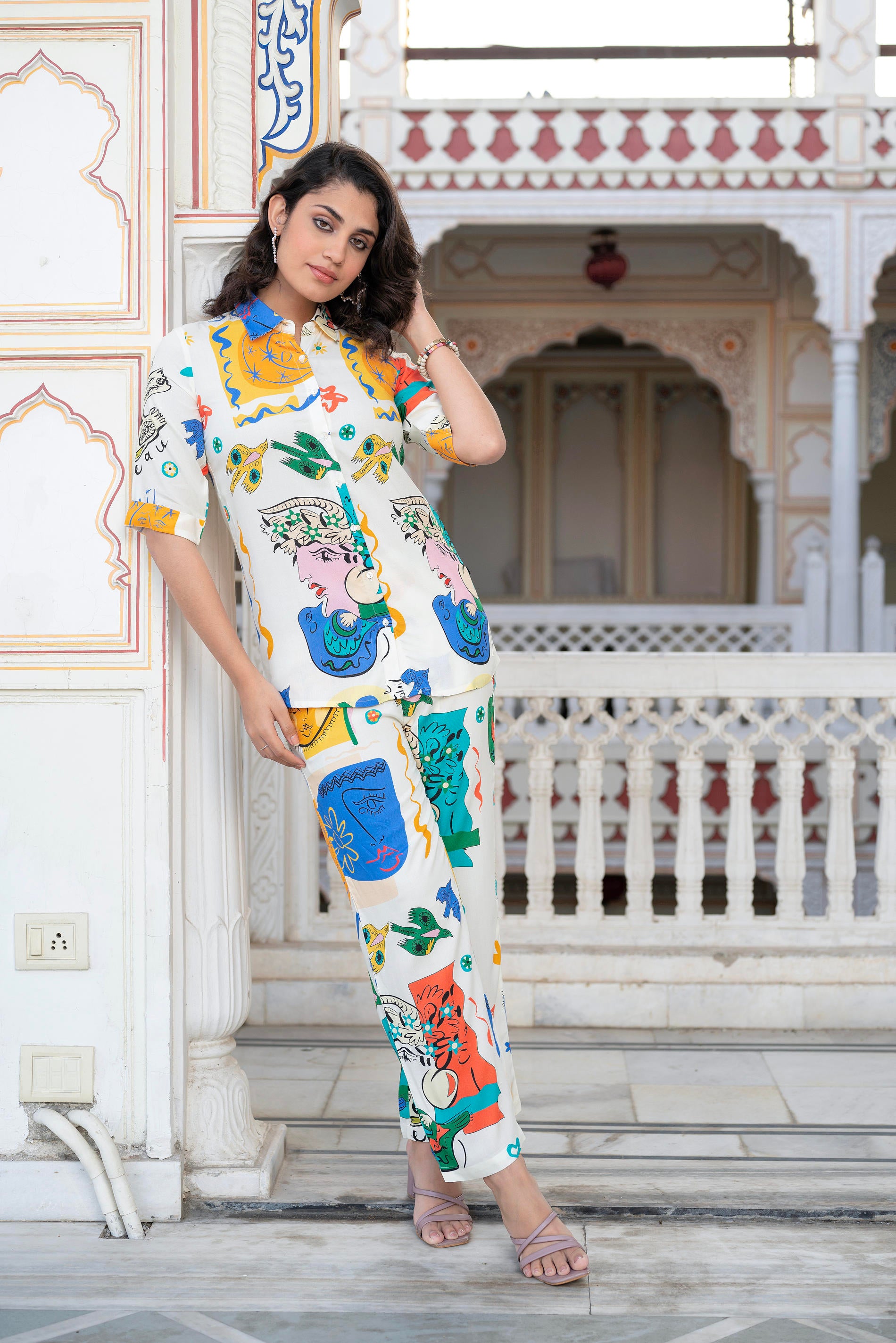 Multicolor Abstract Printed Co-ord Set in White Base-P1350MULTI