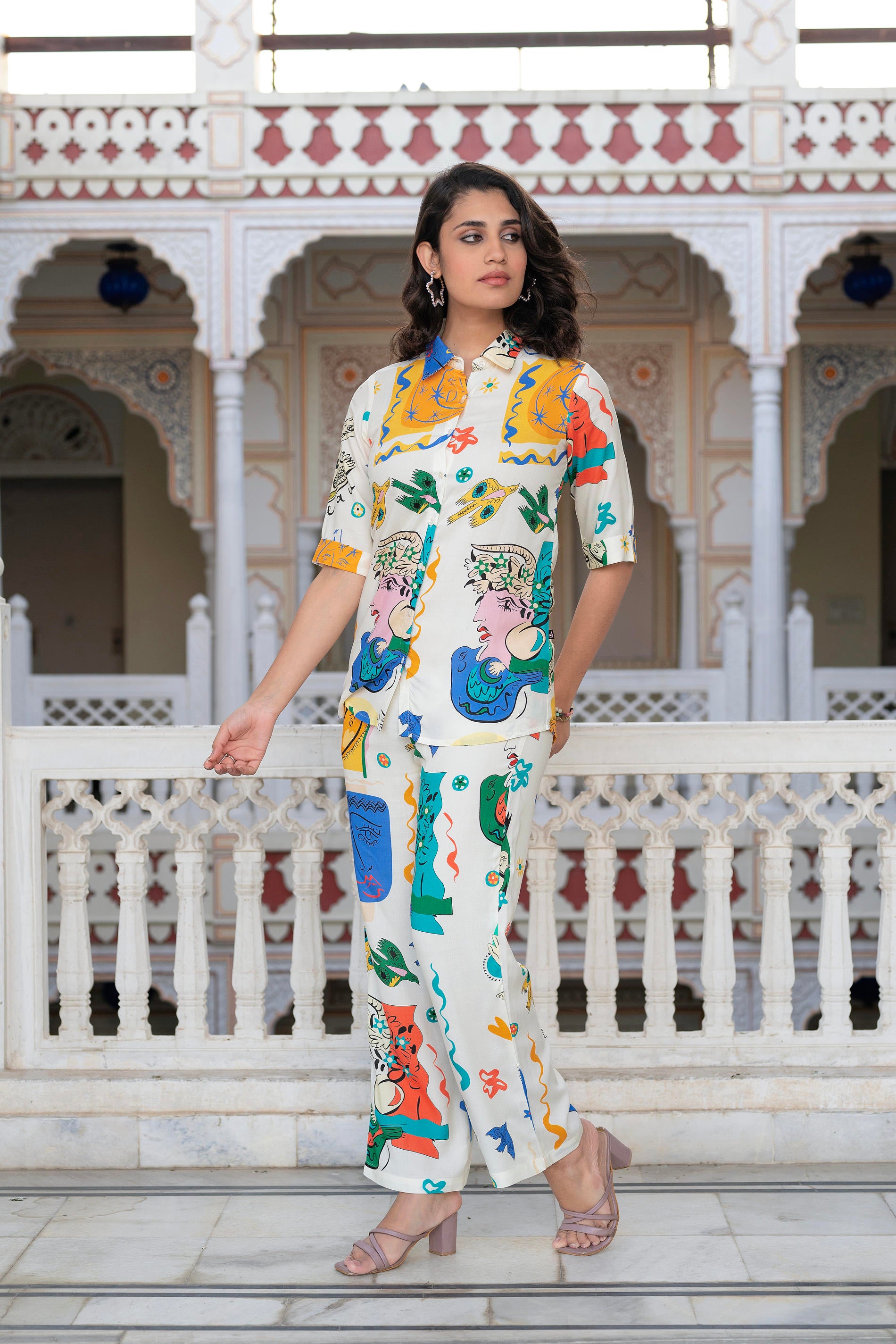 Multicolor Abstract Printed Co-ord Set in White Base-P1350MULTI