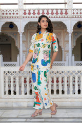 Multicolor Abstract Printed Co-ord Set in White Base-P1350MULTI