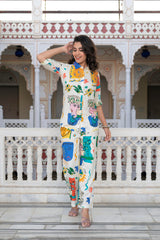 Multicolor Abstract Printed Co-ord Set in White Base-P1350MULTI