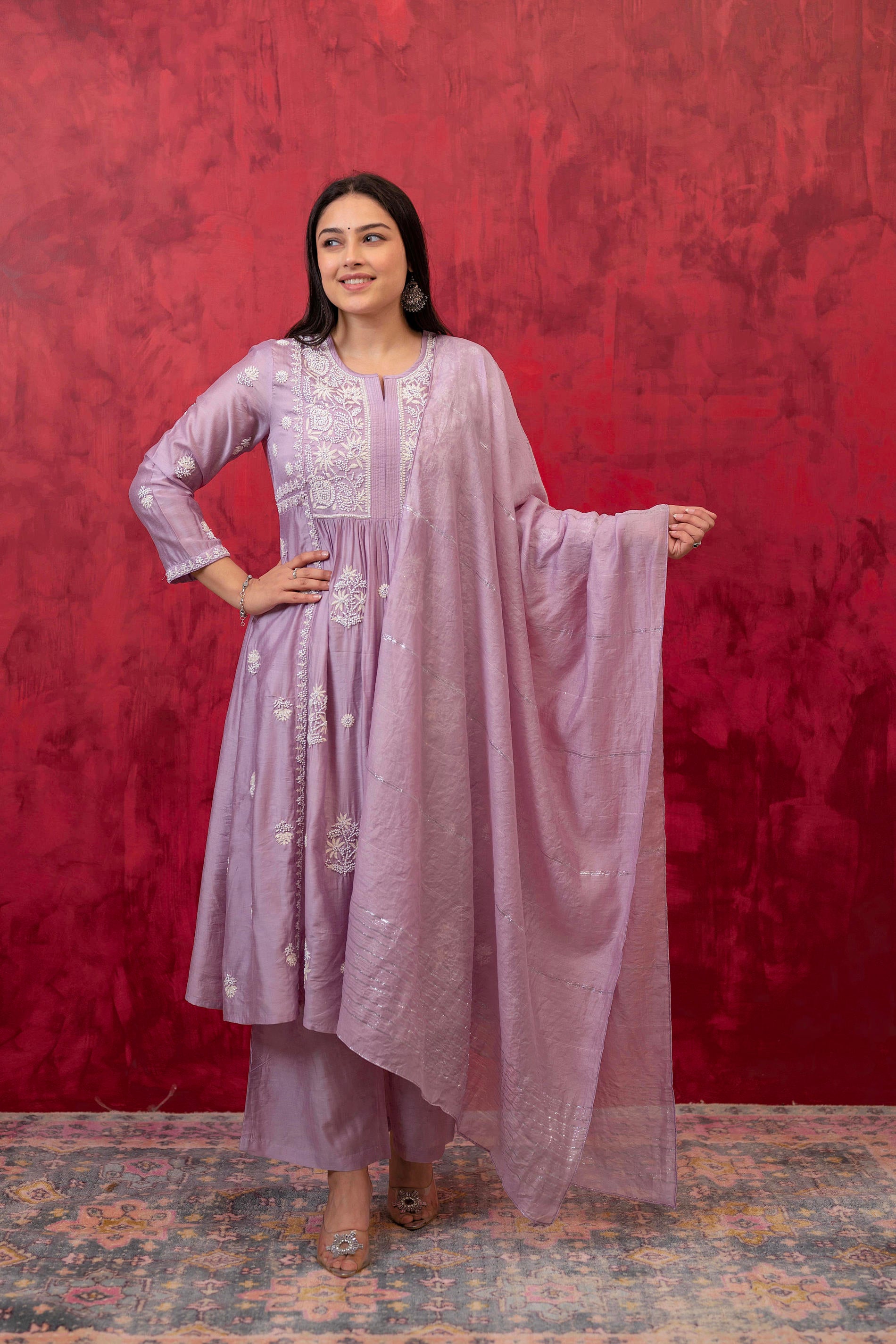 Lavender Embroidered Floral Chanderi Kurta with Palazzo & Dupatta