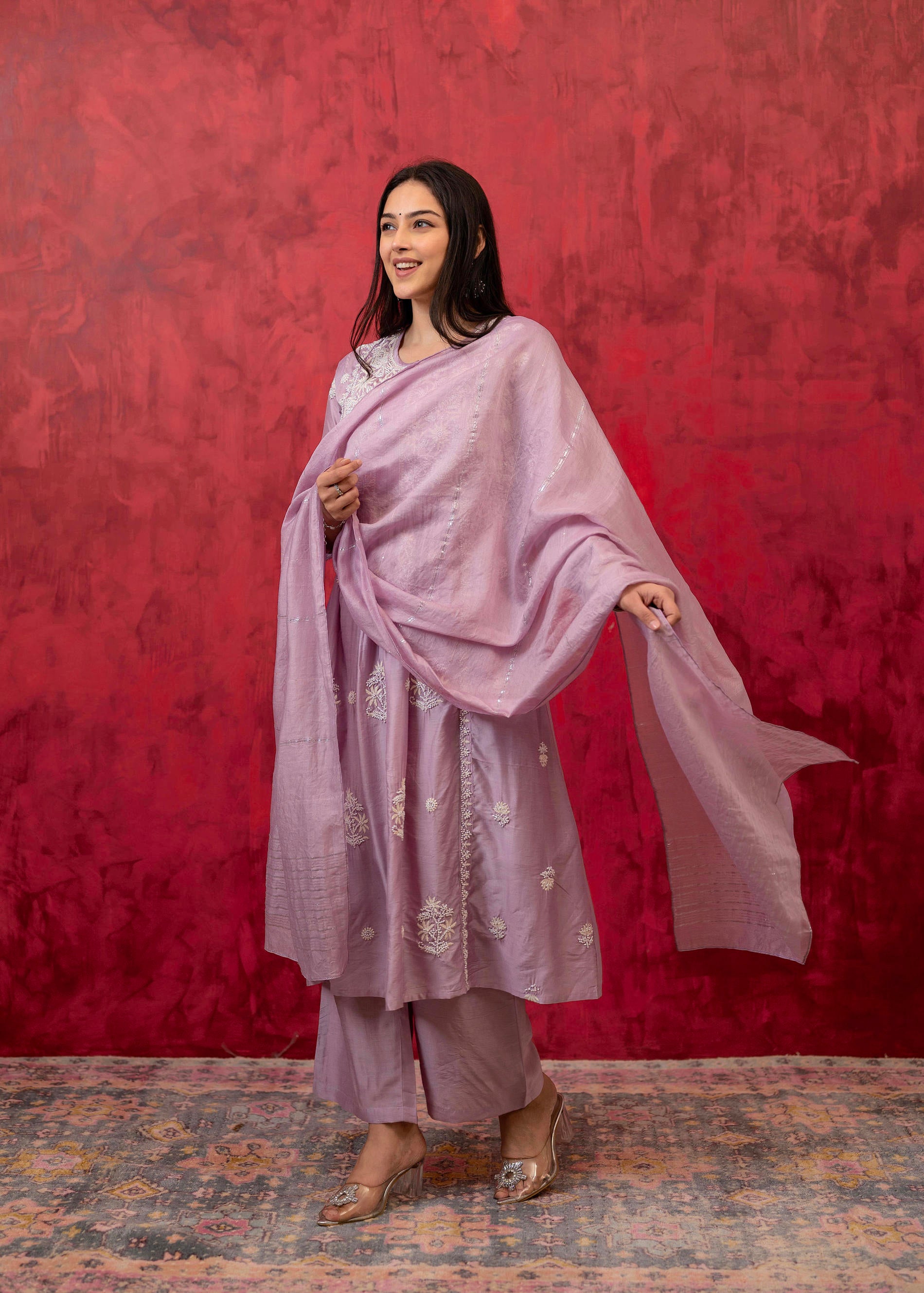 Lavender Embroidered Floral Chanderi Kurta with Palazzo & Dupatta