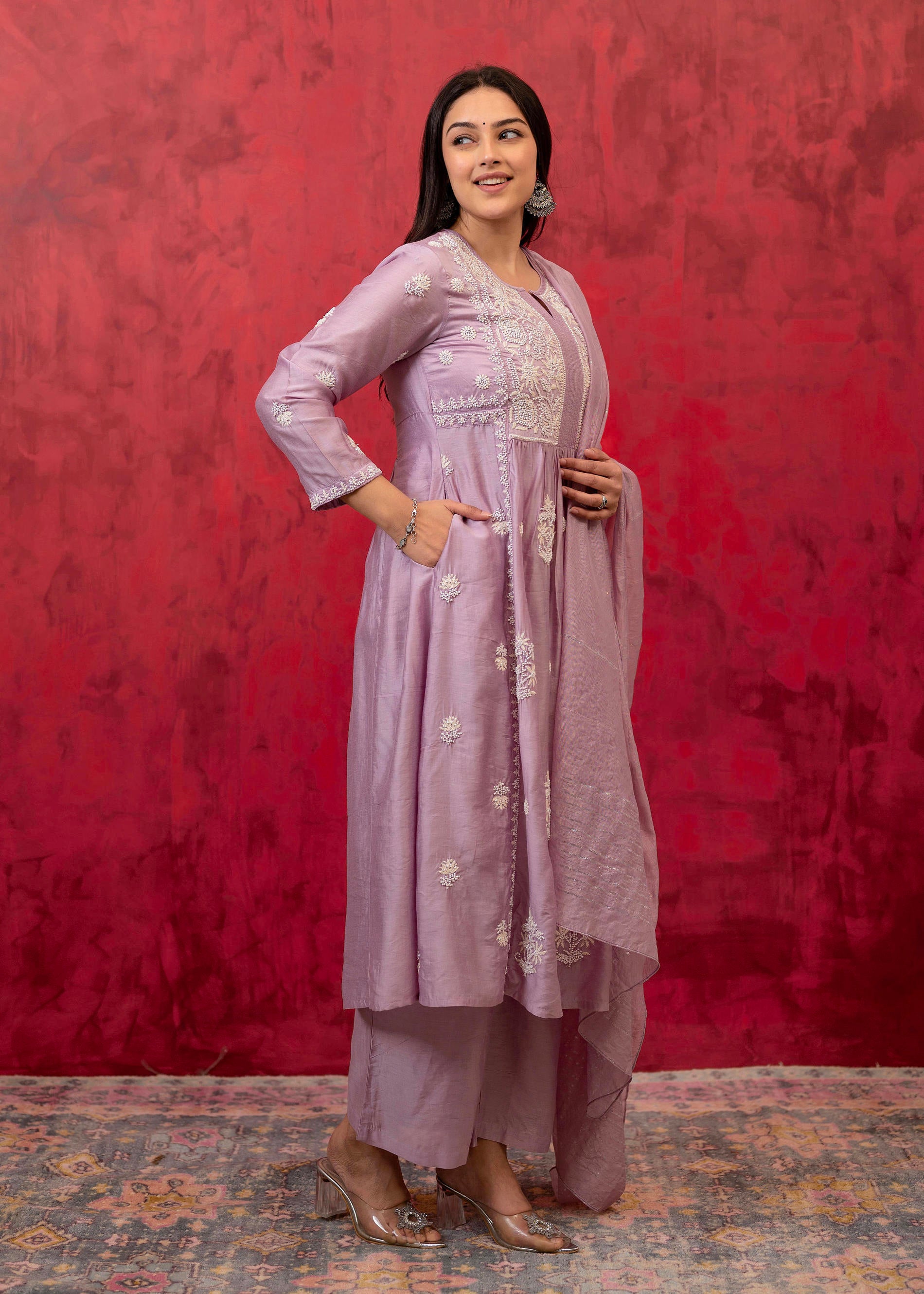 Lavender Embroidered Floral Chanderi Kurta with Palazzo & Dupatta