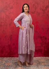 Lavender Embroidered Floral Chanderi Kurta with Palazzo & Dupatta-P1363LAVENDER