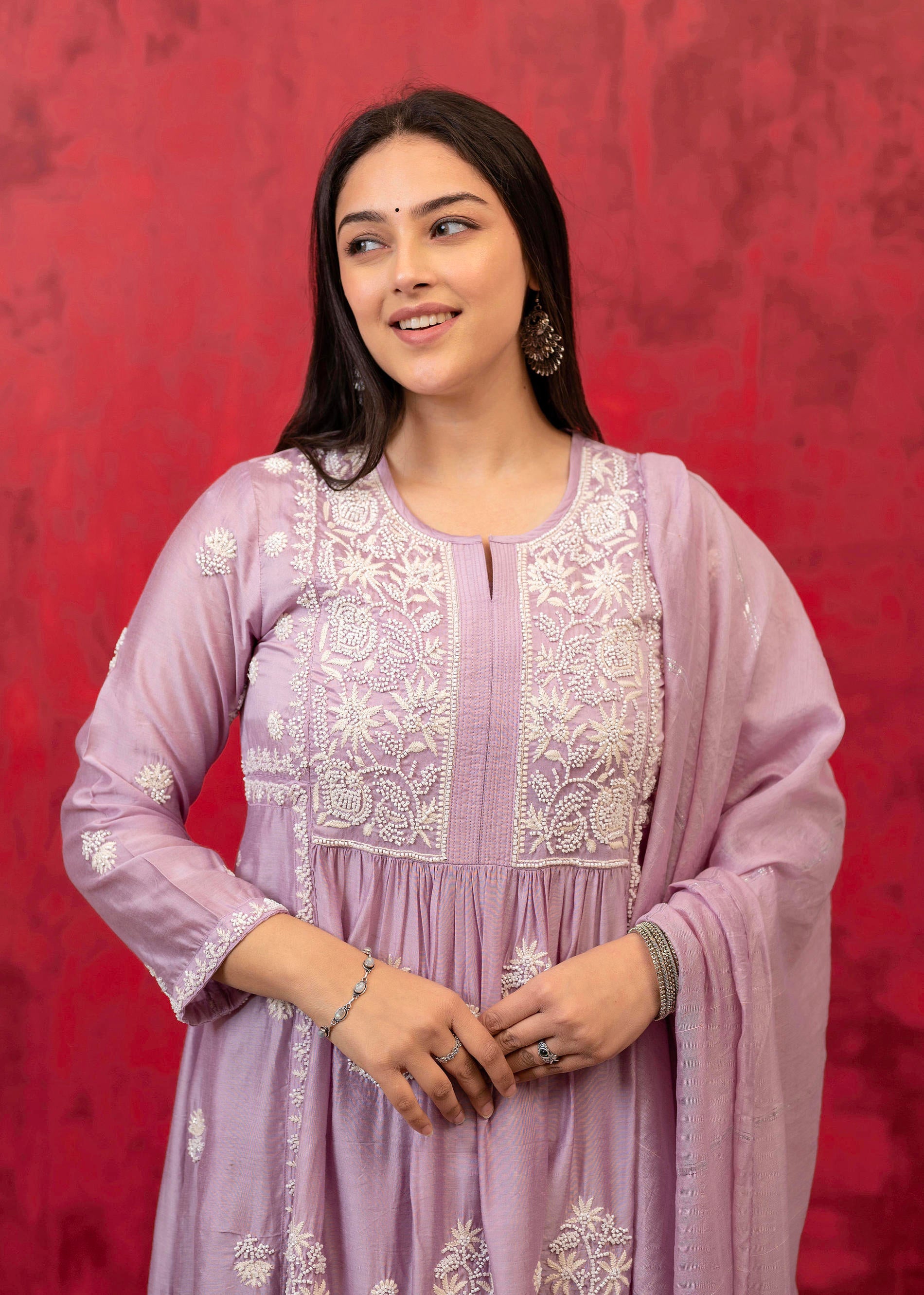 Lavender Embroidered Floral Chanderi Kurta with Palazzo & Dupatta