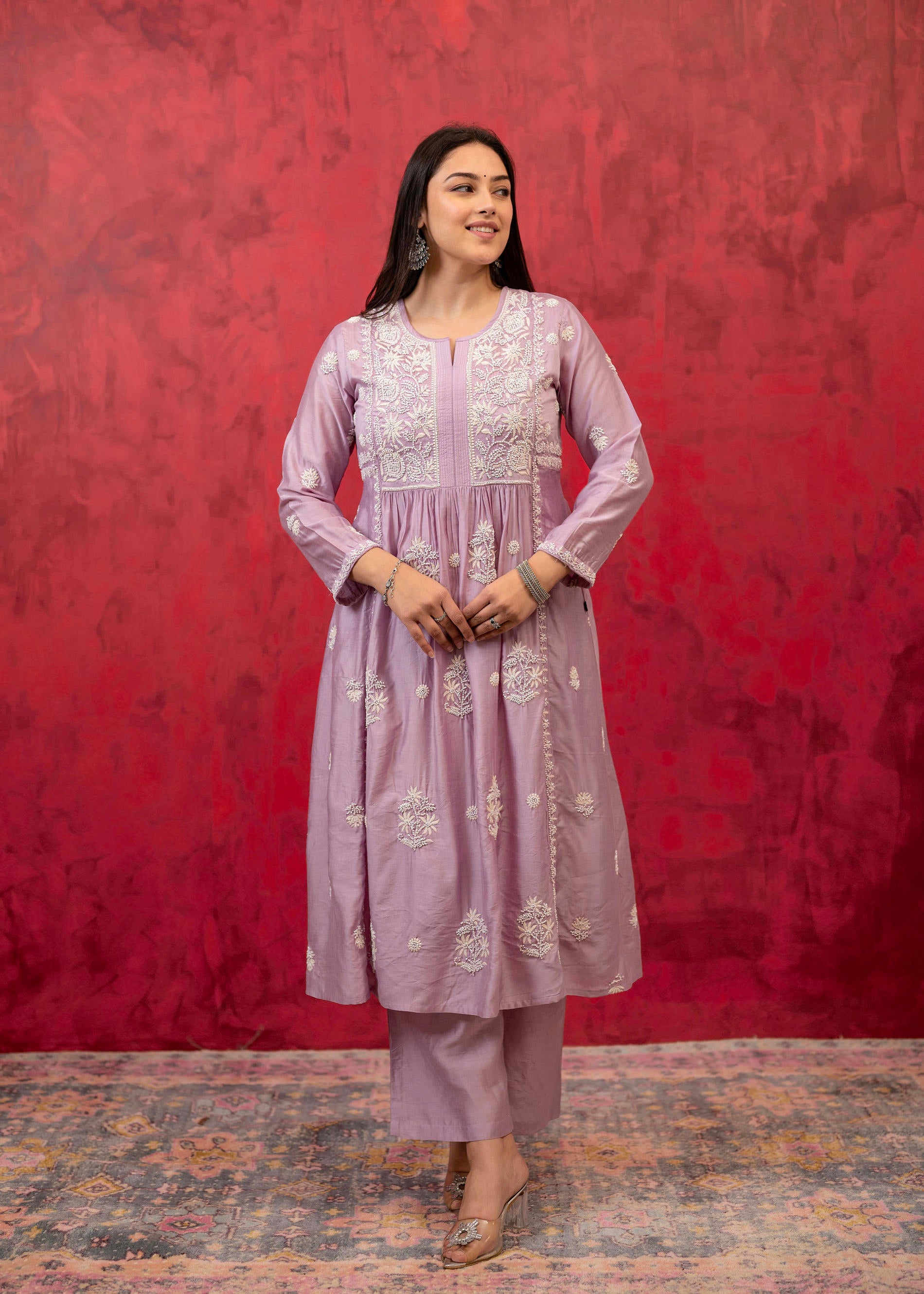 Lavender Embroidered Floral Chanderi Kurta with Palazzo & Dupatta