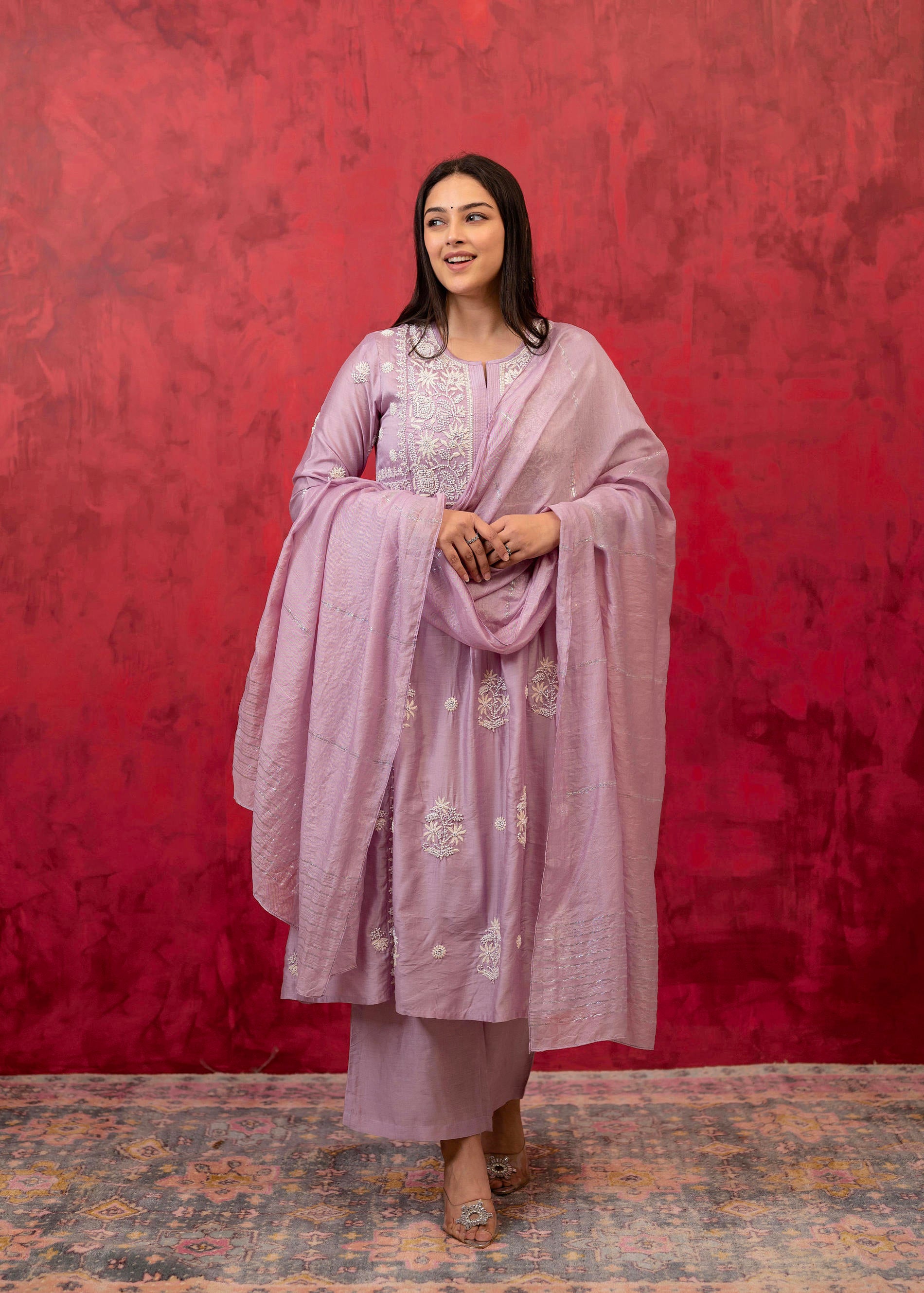 Lavender Embroidered Floral Chanderi Kurta with Palazzo & Dupatta