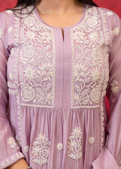 Lavender Embroidered Floral Chanderi Kurta with Palazzo & Dupatta-P1363LAVENDER