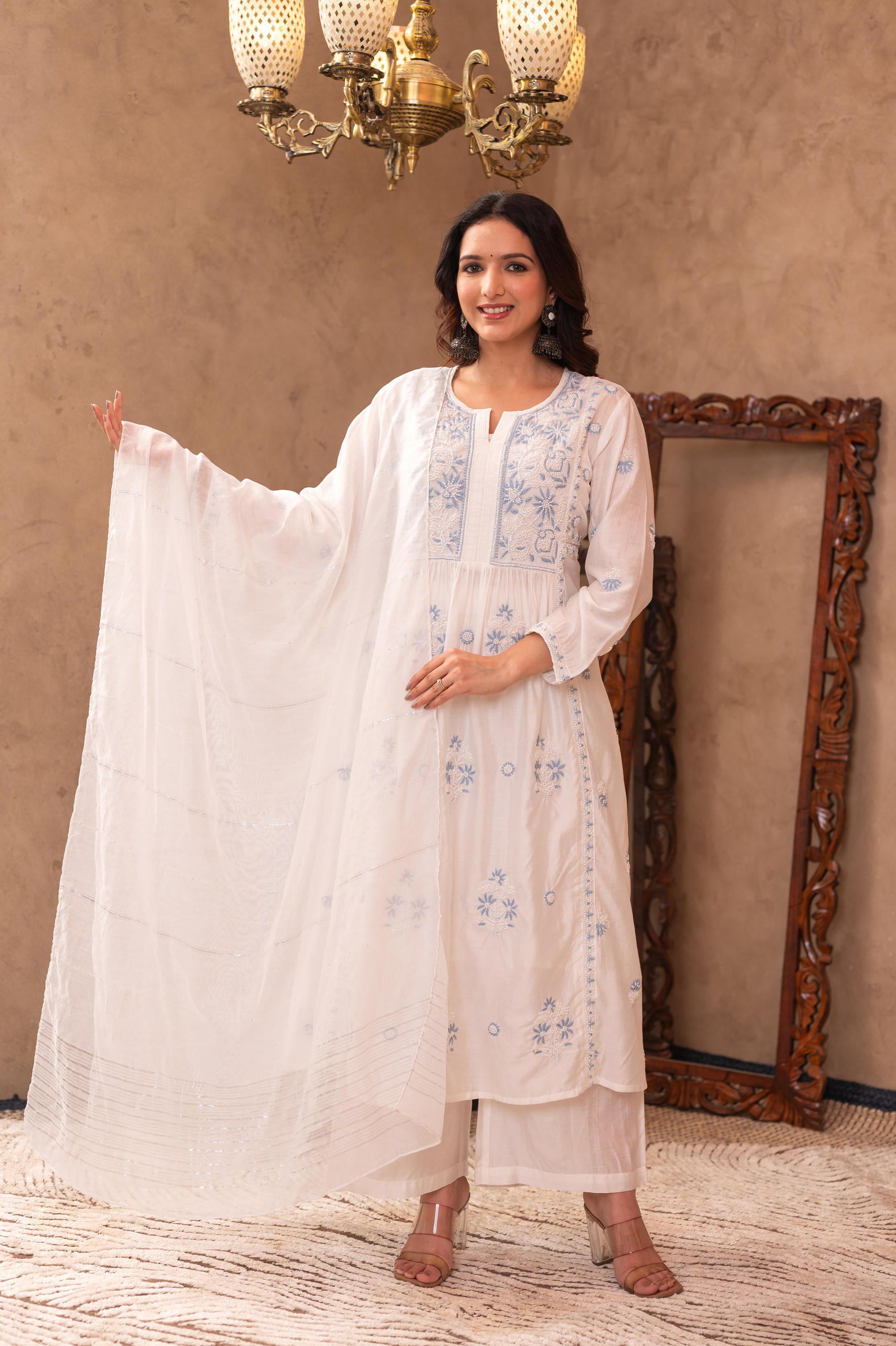 Off-White Chanderi Floral Embroidered Kurta with Palazzo, Dupatta & Bead Work