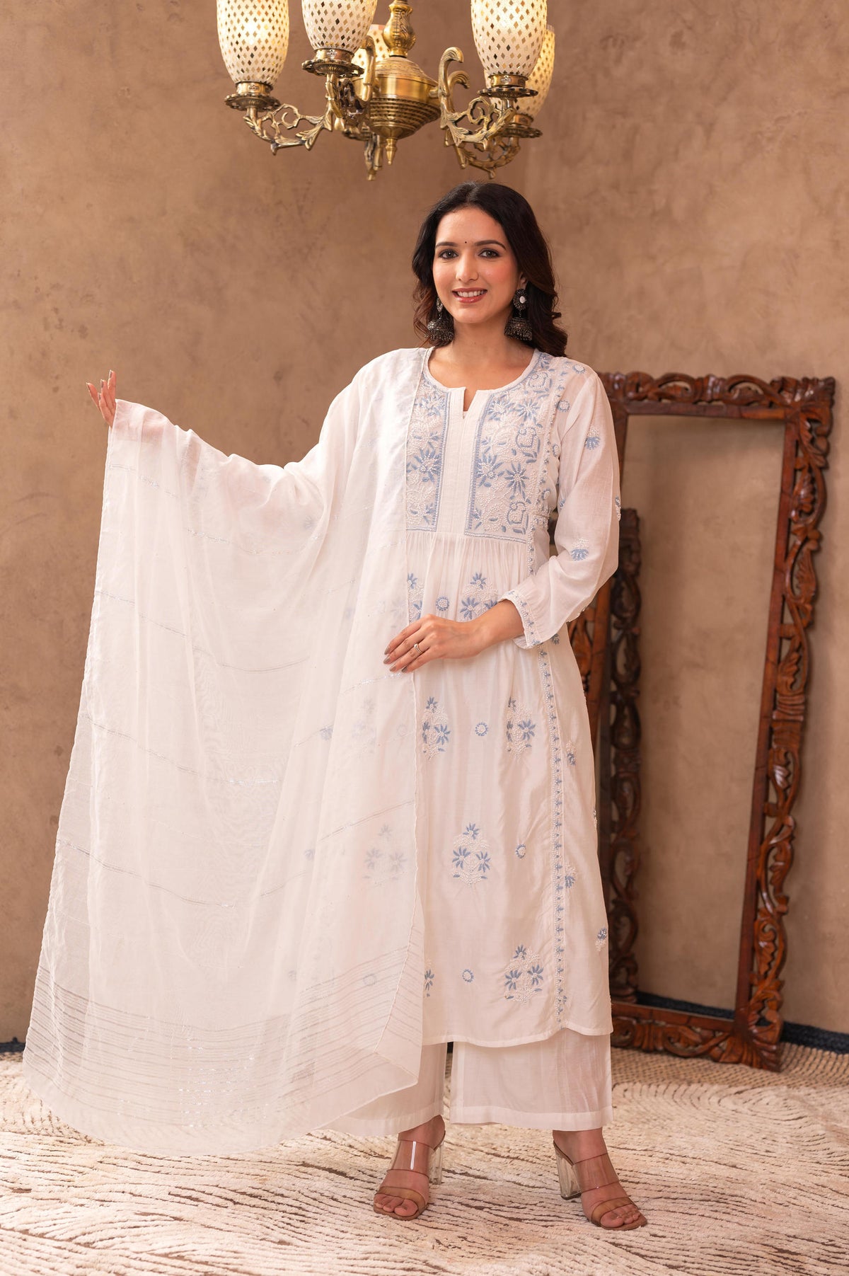 Off-White Chanderi Floral Embroidered Kurta with Palazzo, Dupatta & Bead Work-P1363OFFWHITE