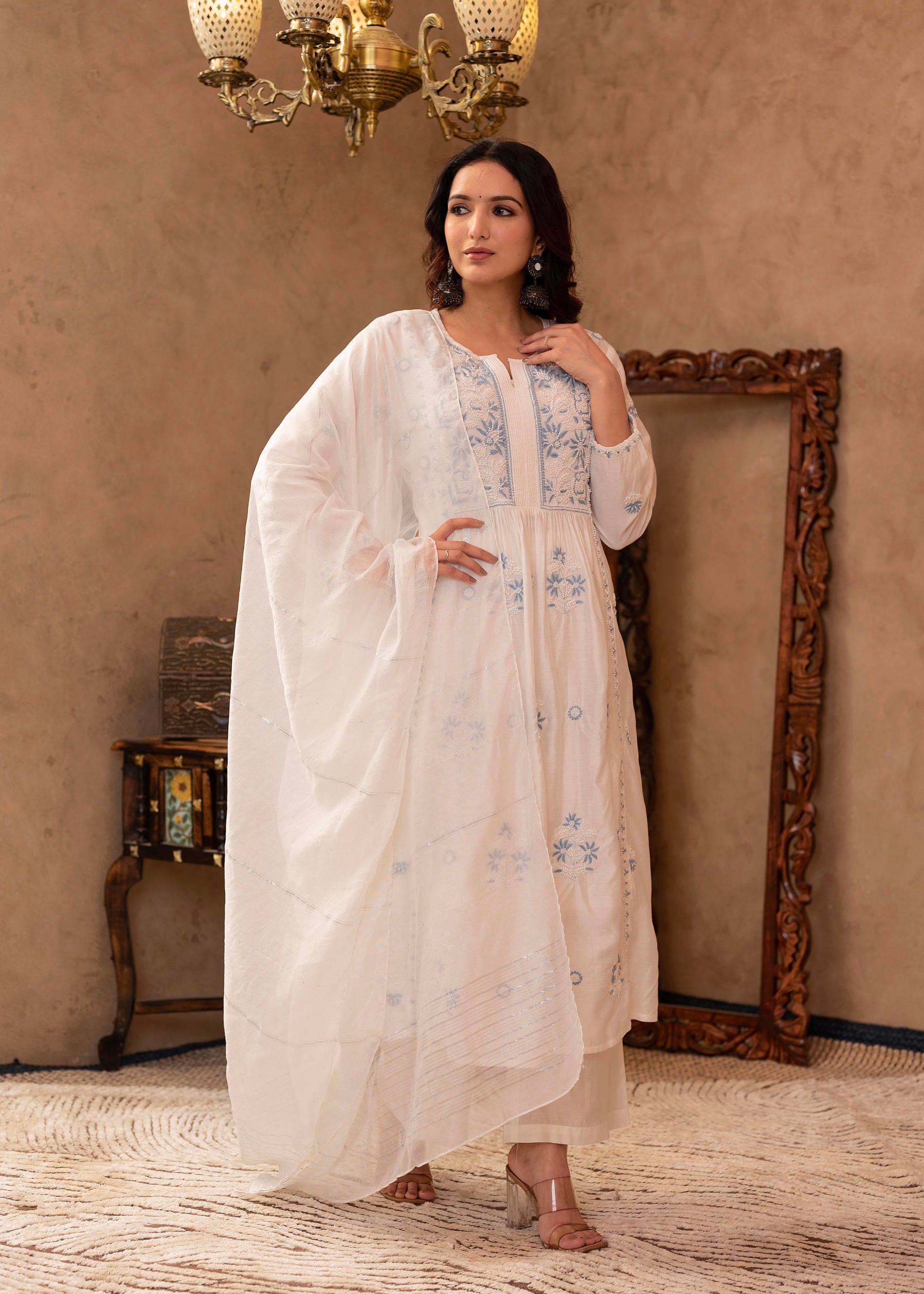 Off-White Chanderi Floral Embroidered Kurta with Palazzo, Dupatta & Bead Work