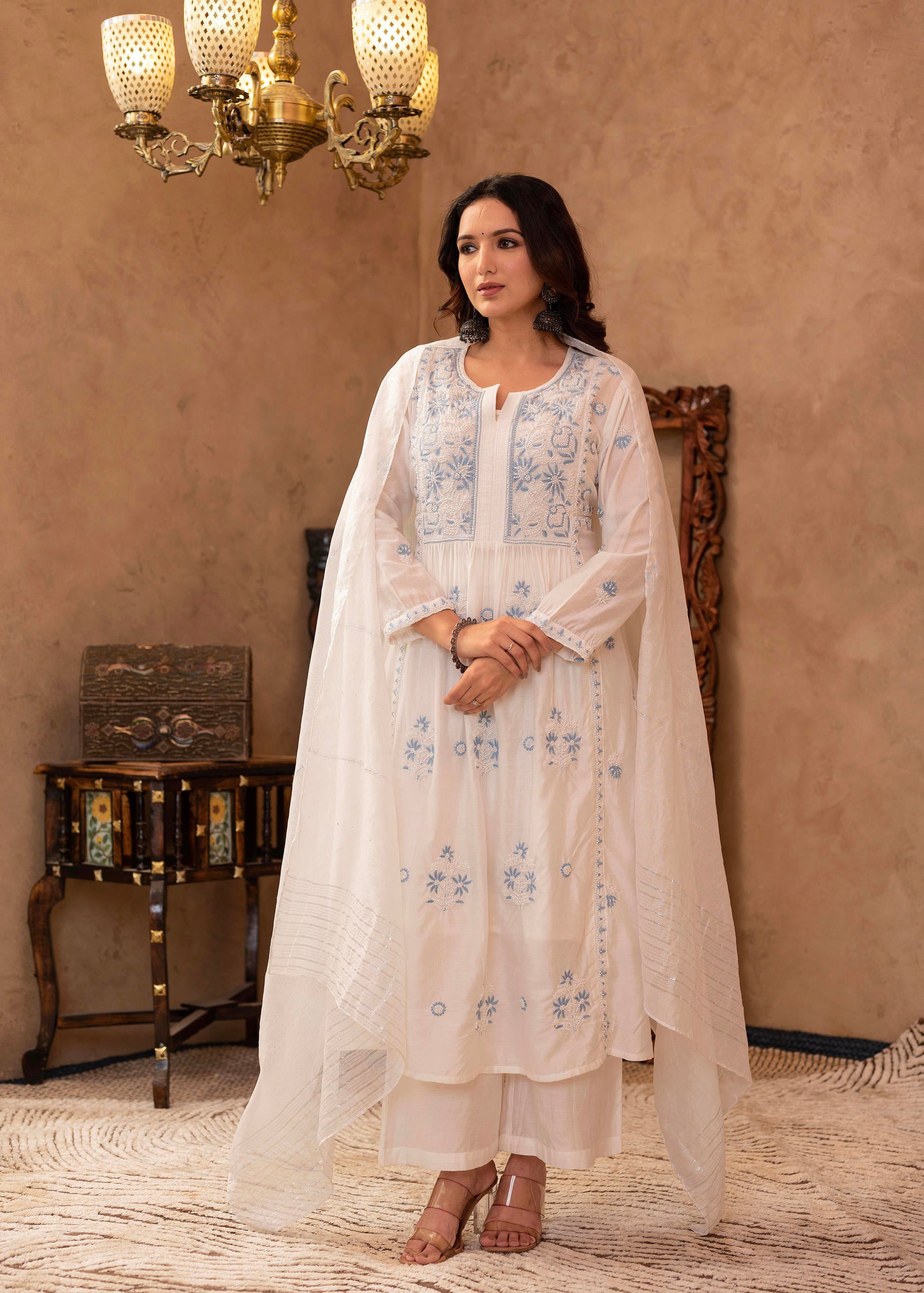 Off-White Chanderi Floral Embroidered Kurta with Palazzo, Dupatta & Bead Work
