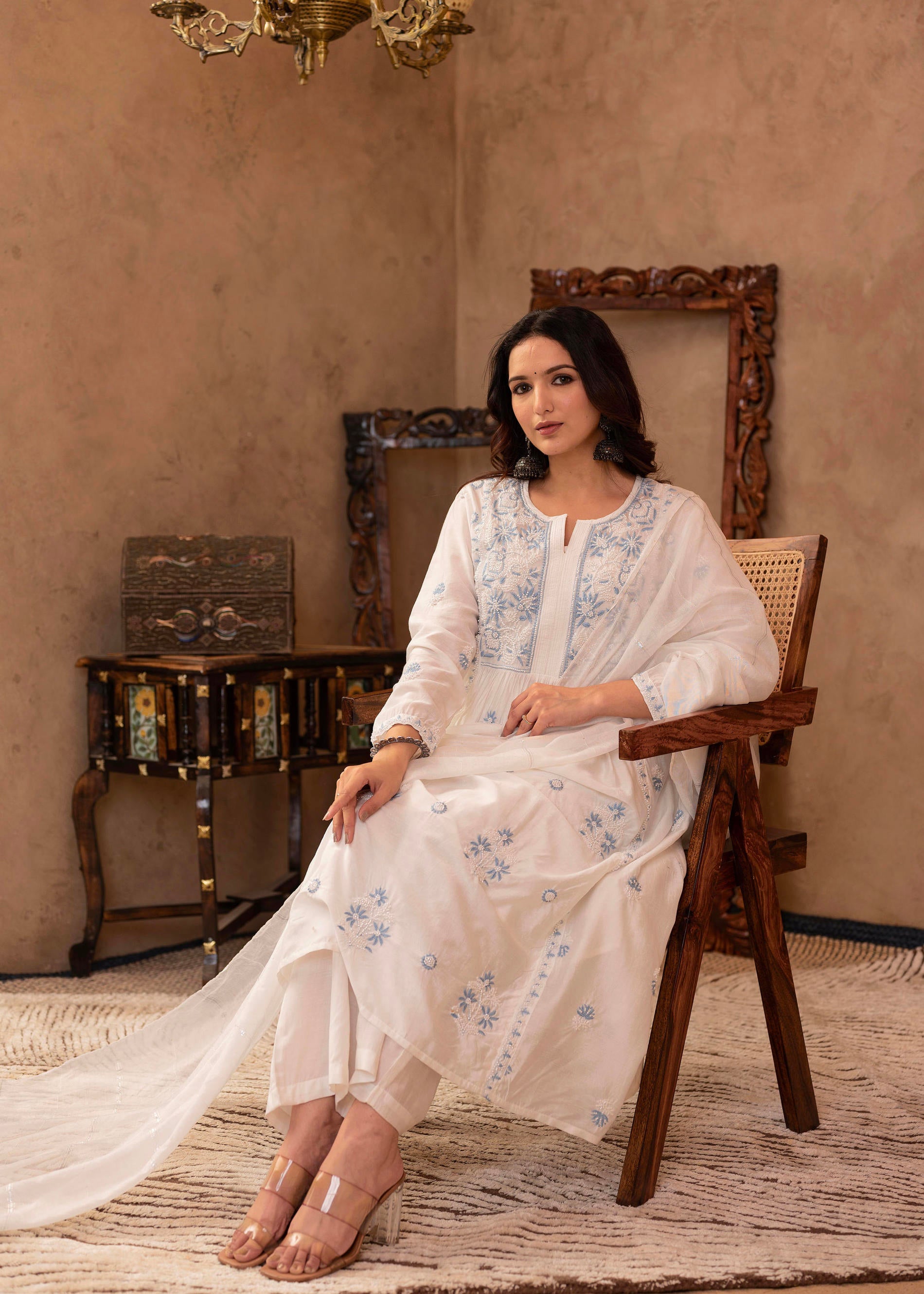 Off-White Chanderi Floral Embroidered Kurta with Palazzo, Dupatta & Bead Work