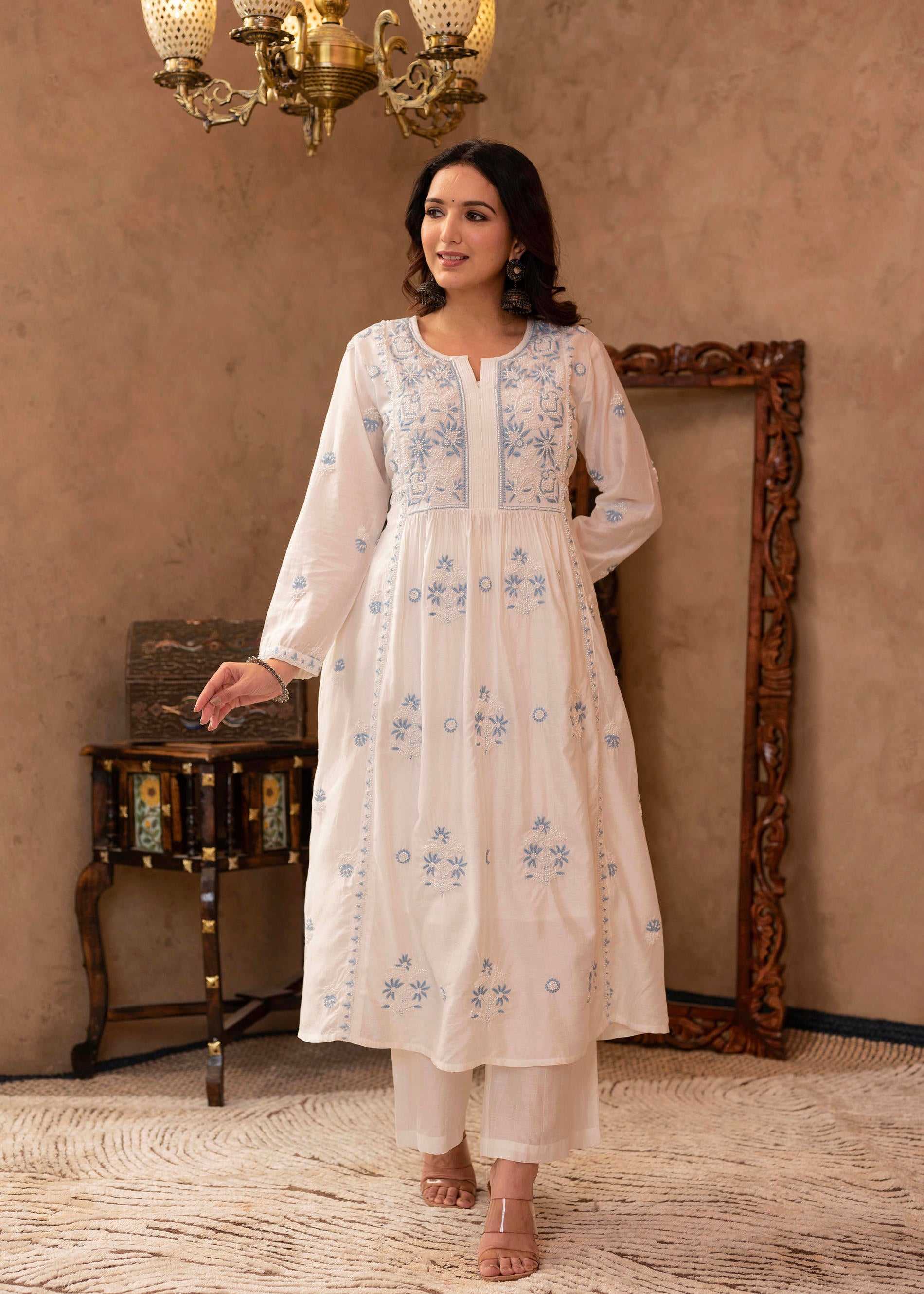 Off-White Chanderi Floral Embroidered Kurta with Palazzo, Dupatta & Bead Work