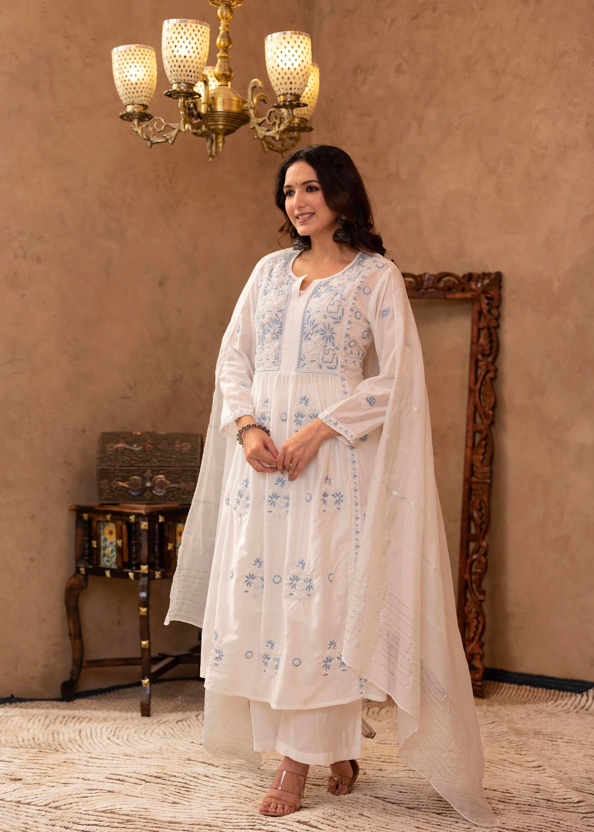 Off-White Chanderi Floral Embroidered Kurta with Palazzo, Dupatta & Bead Work