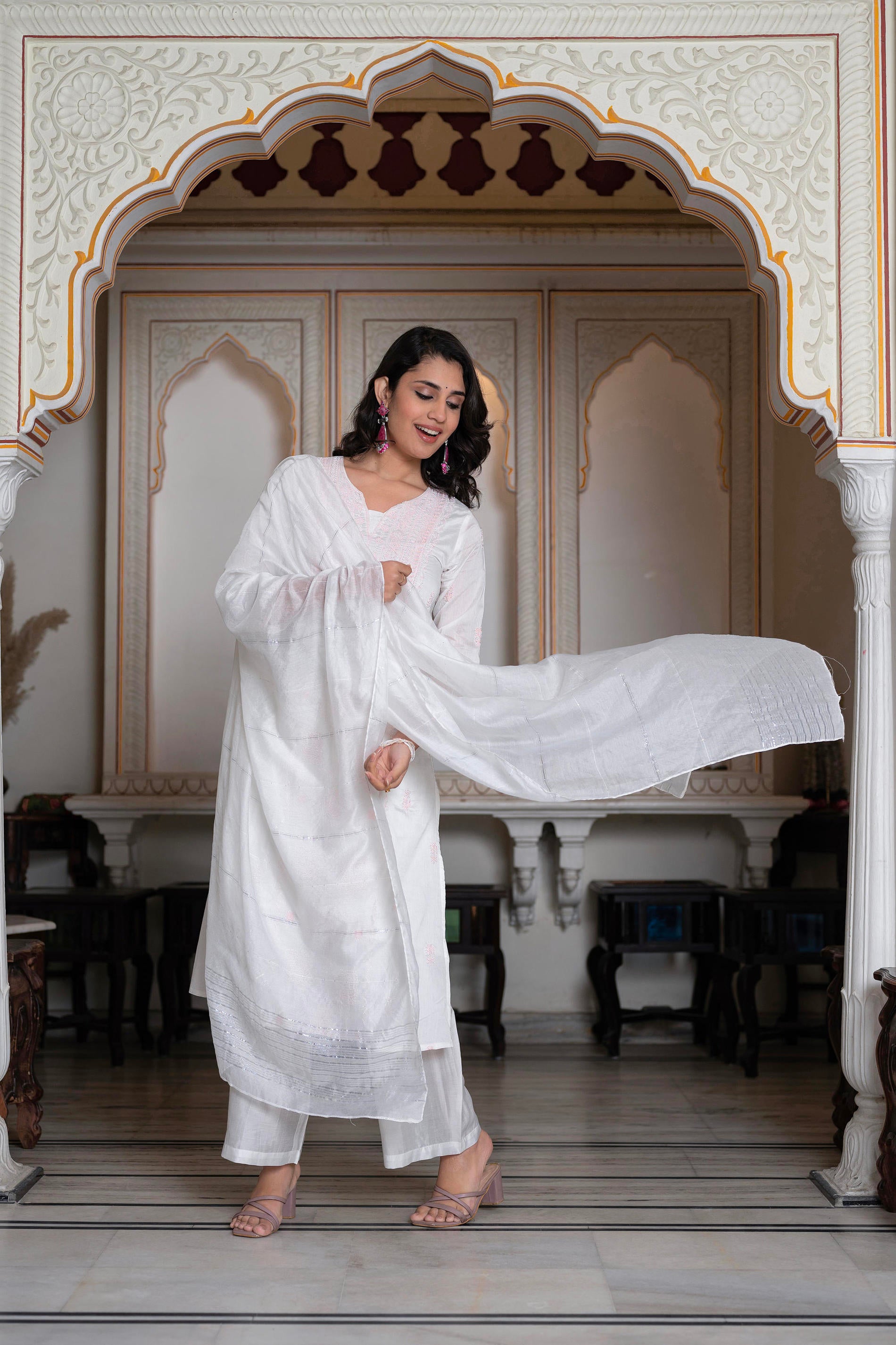 Off-White Chanderi Kurta with Bead Work & Thread Detailing