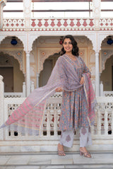 Lavender Cotton Flared Kurta-Pant & Dupatta Set with Floral Print, Thread Work, Lace & Sequins-P1382LAVENDER