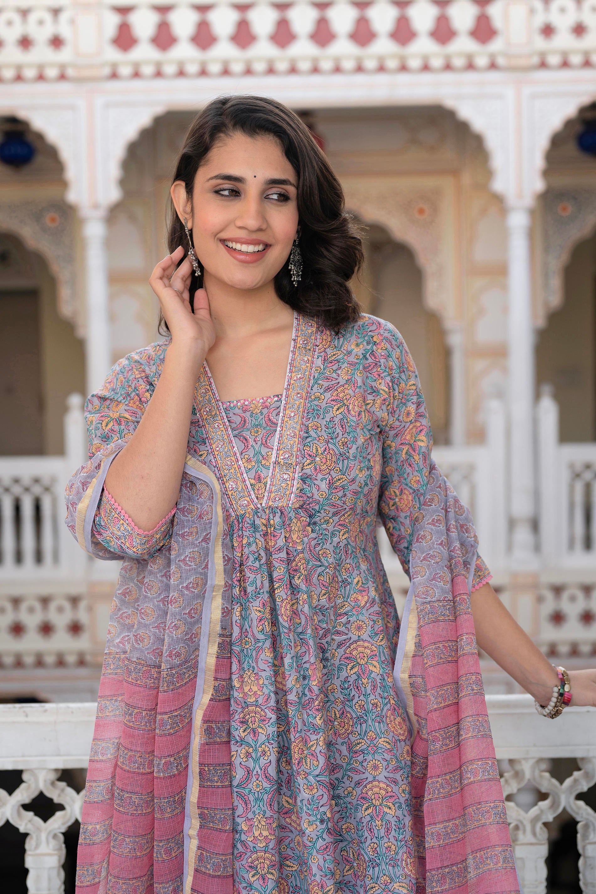 Lavender Cotton Flared Kurta-Pant & Dupatta Set with Floral Print, Thread Work, Lace & Sequins
