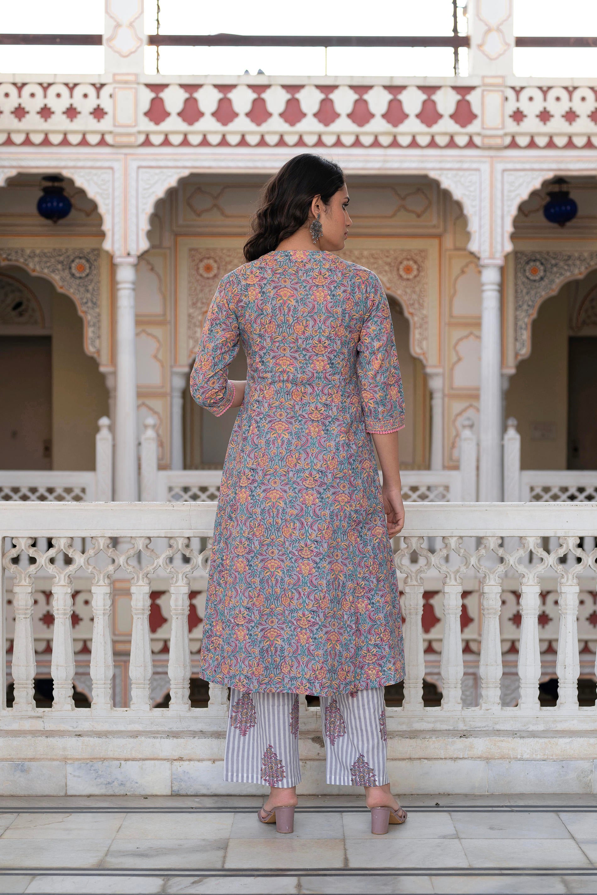 Lavender Cotton Flared Kurta-Pant & Dupatta Set with Floral Print, Thread Work, Lace & Sequins