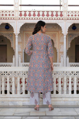 Lavender Cotton Flared Kurta-Pant & Dupatta Set with Floral Print, Thread Work, Lace & Sequins-P1382LAVENDER