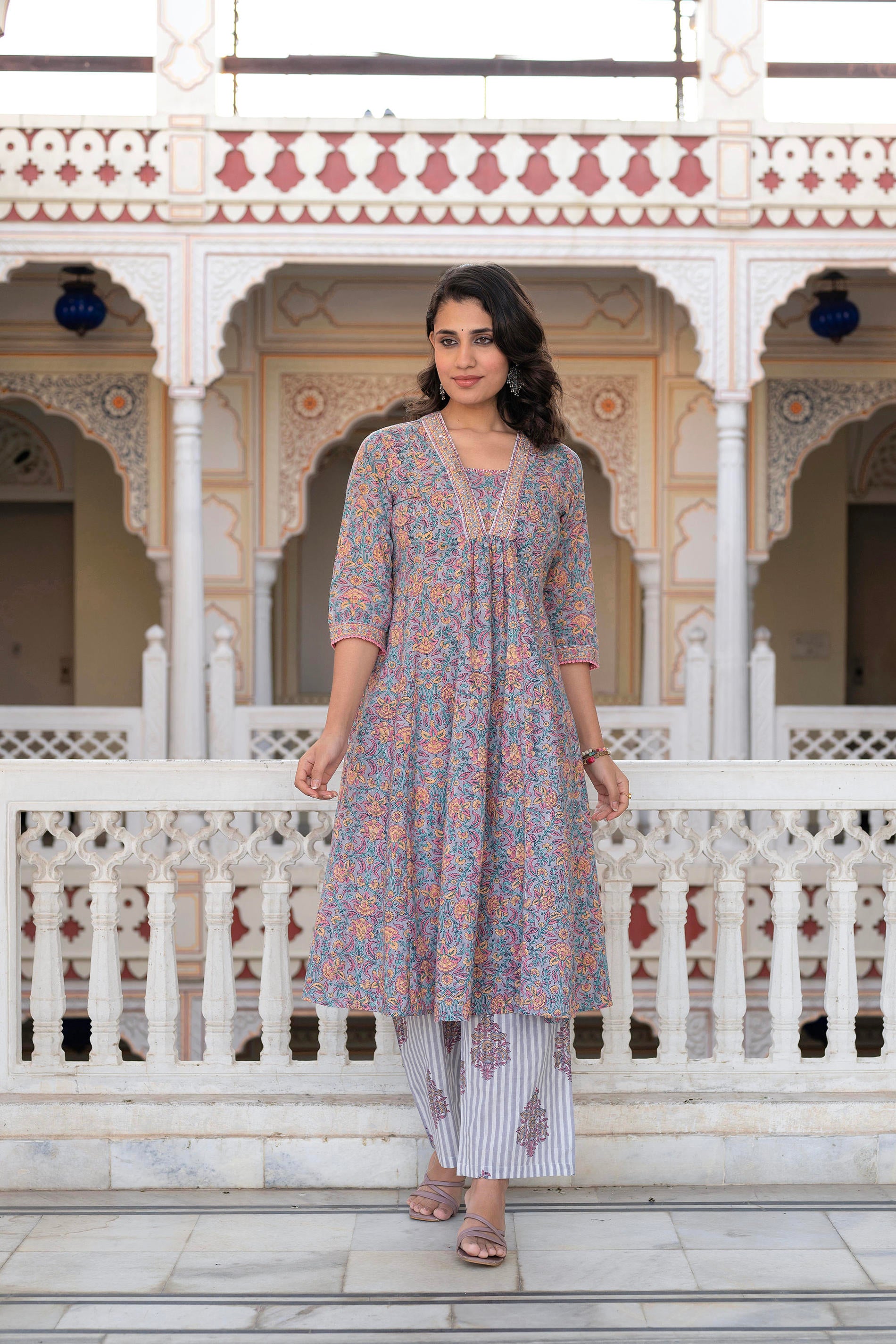 Lavender Cotton Flared Kurta-Pant & Dupatta Set with Floral Print, Thread Work, Lace & Sequins