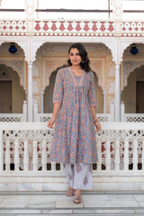 Lavender Cotton Flared Kurta-Pant & Dupatta Set with Floral Print, Thread Work, Lace & Sequins-P1382LAVENDER