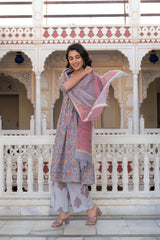 Lavender Cotton Flared Kurta-Pant & Dupatta Set with Floral Print, Thread Work, Lace & Sequins-P1382LAVENDER