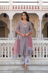 Lavender Cotton Flared Kurta-Pant & Dupatta Set with Floral Print, Thread Work, Lace & Sequins-P1382LAVENDER