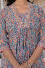 Lavender Cotton Flared Kurta-Pant & Dupatta Set with Floral Print, Thread Work, Lace & Sequins-P1382LAVENDER