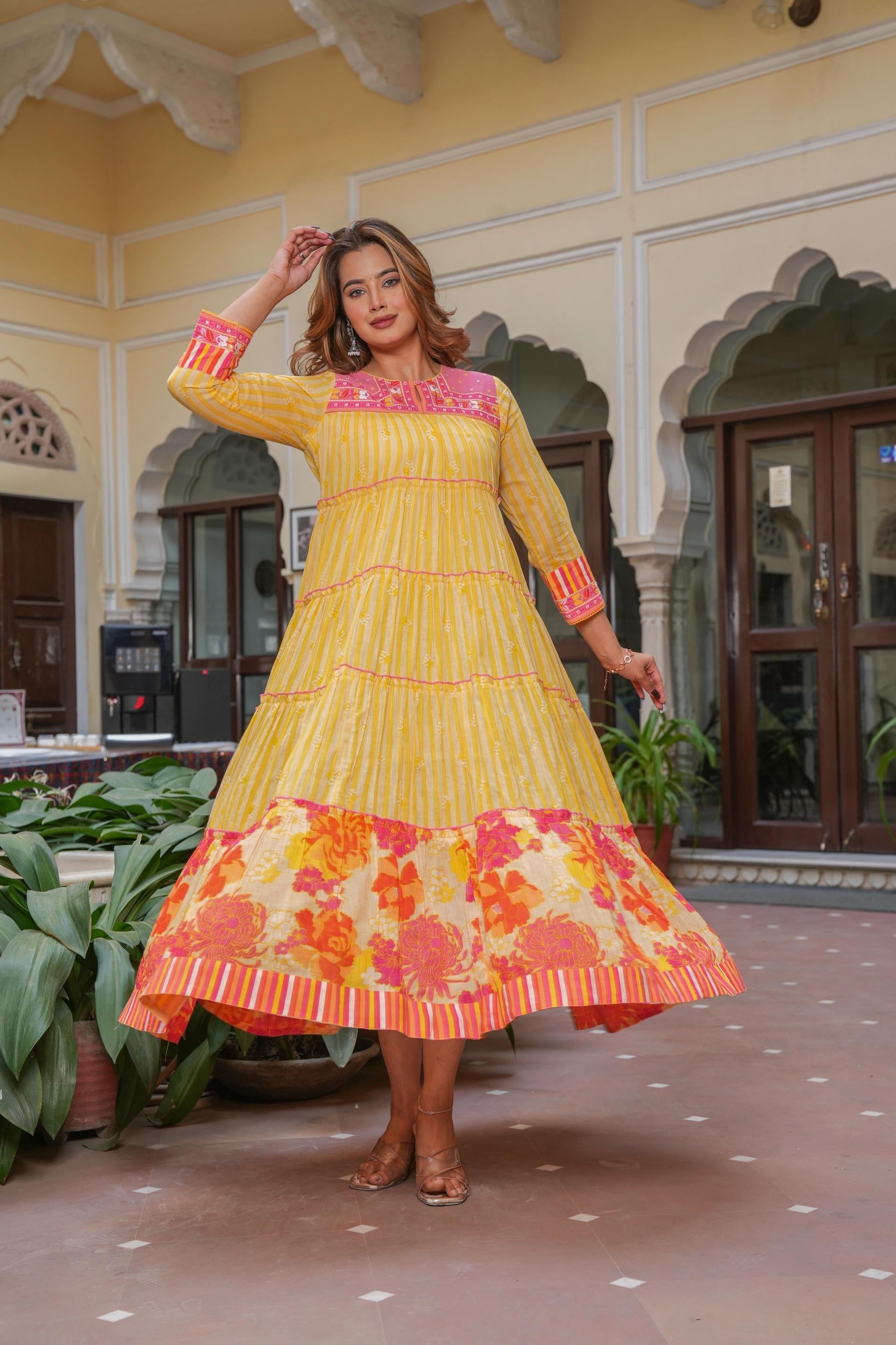 Mustard Flared Panelled Dress with Printed Floral Hem and Yoke Embroid