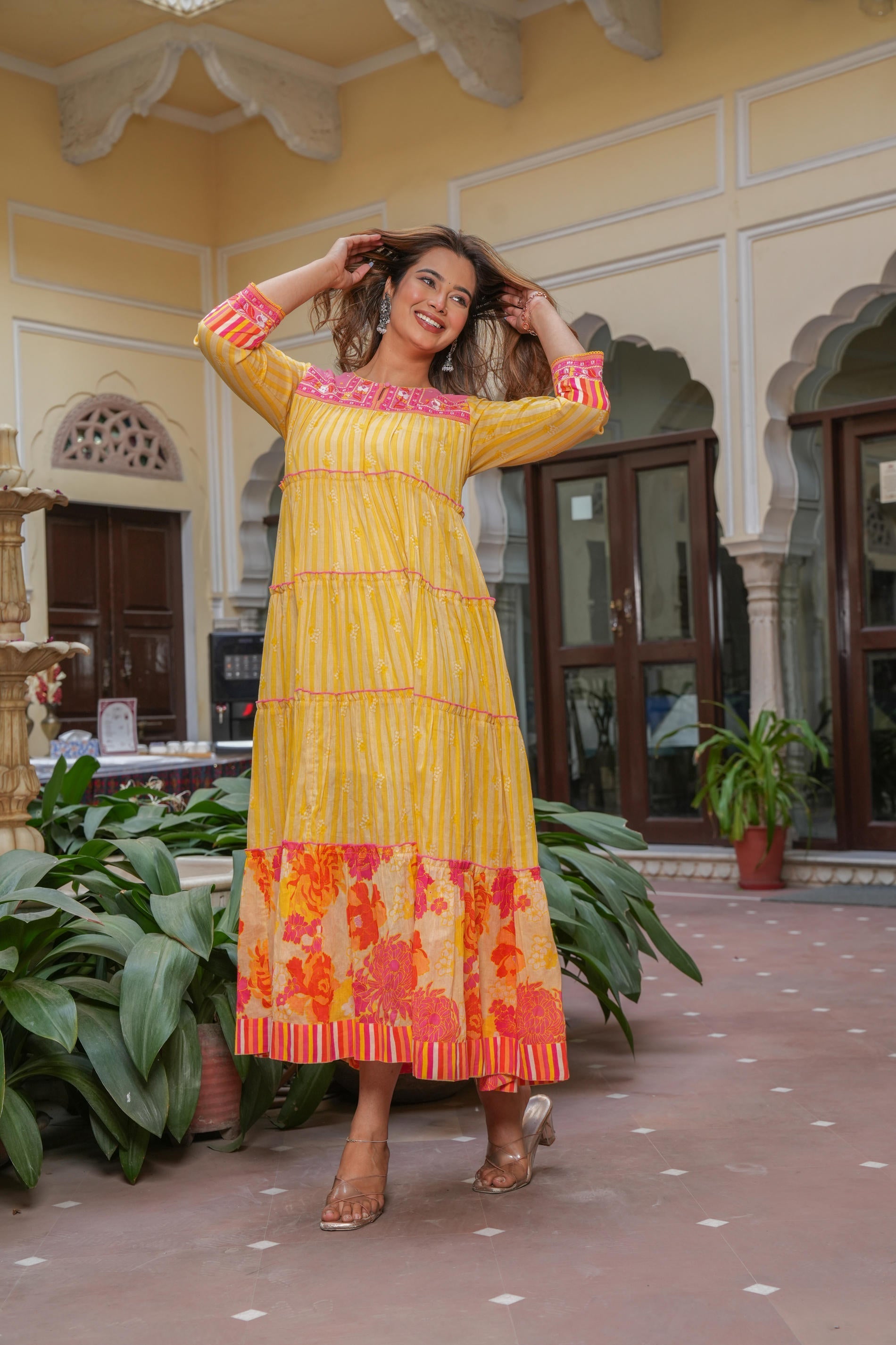 Mustard Flared Panelled Dress with Printed Floral Hem and Yoke Embroid