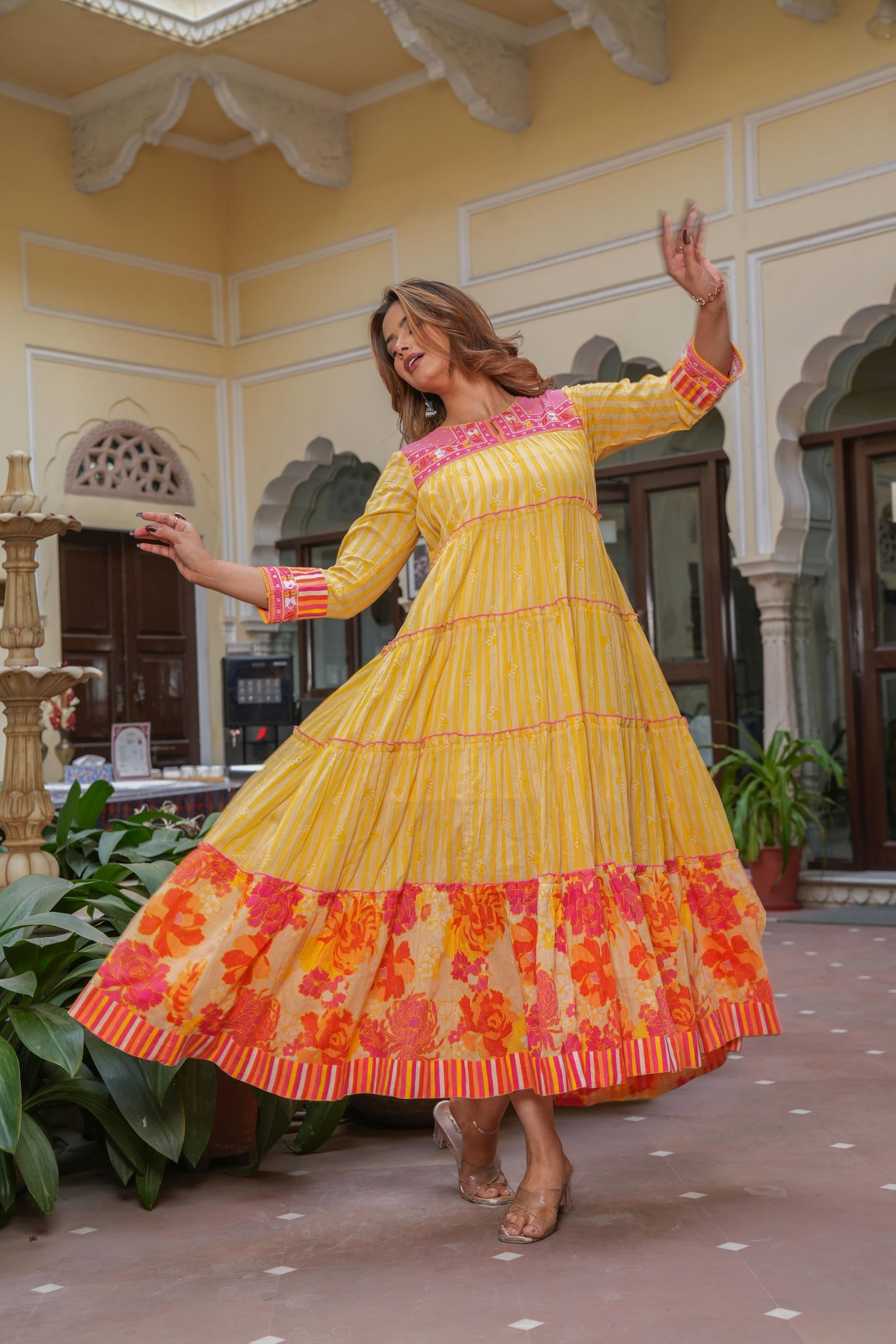 Mustard Flared Panelled Dress with Printed Floral Hem and Yoke Embroid