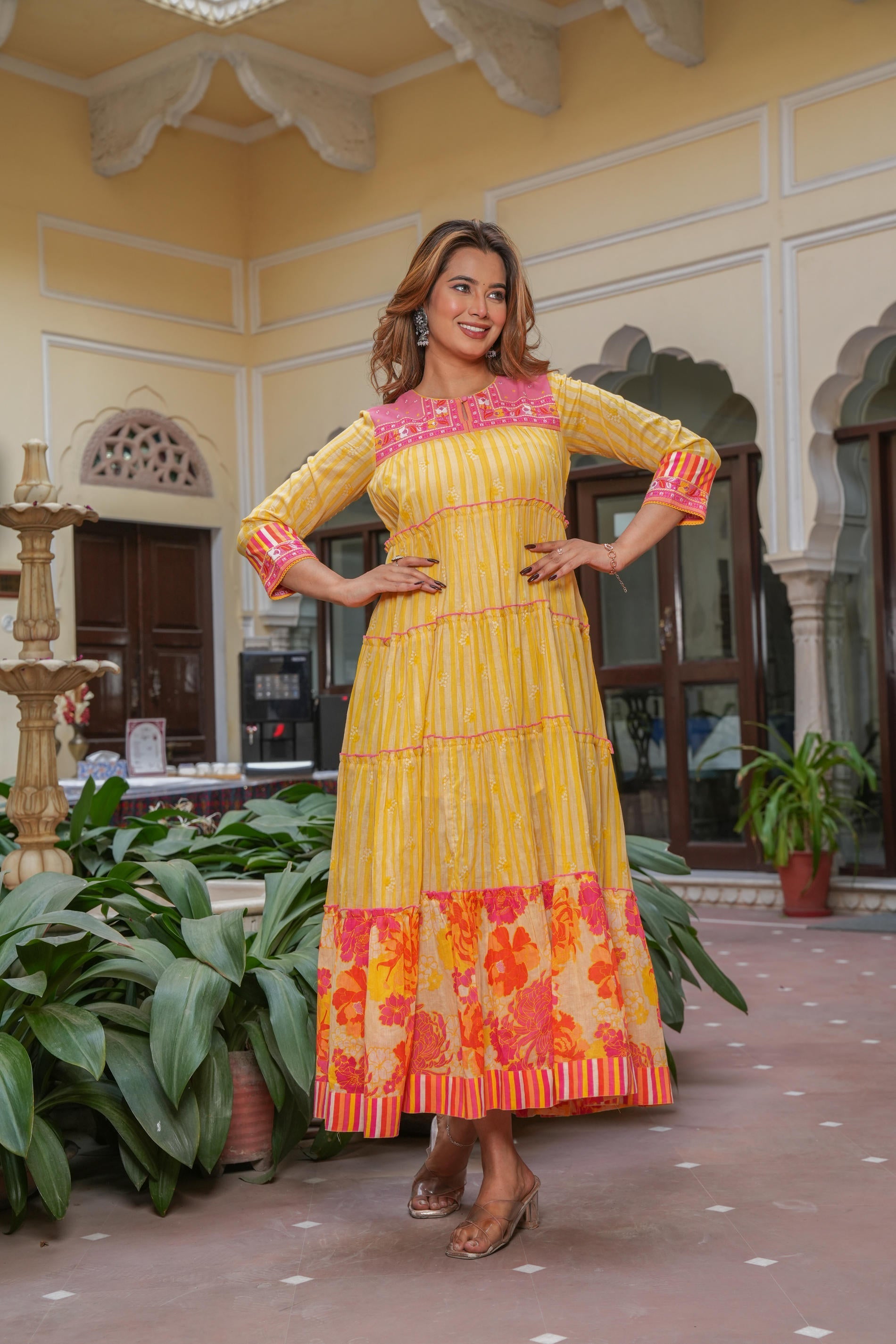 Mustard Flared Panelled Dress with Printed Floral Hem and Yoke Embroid
