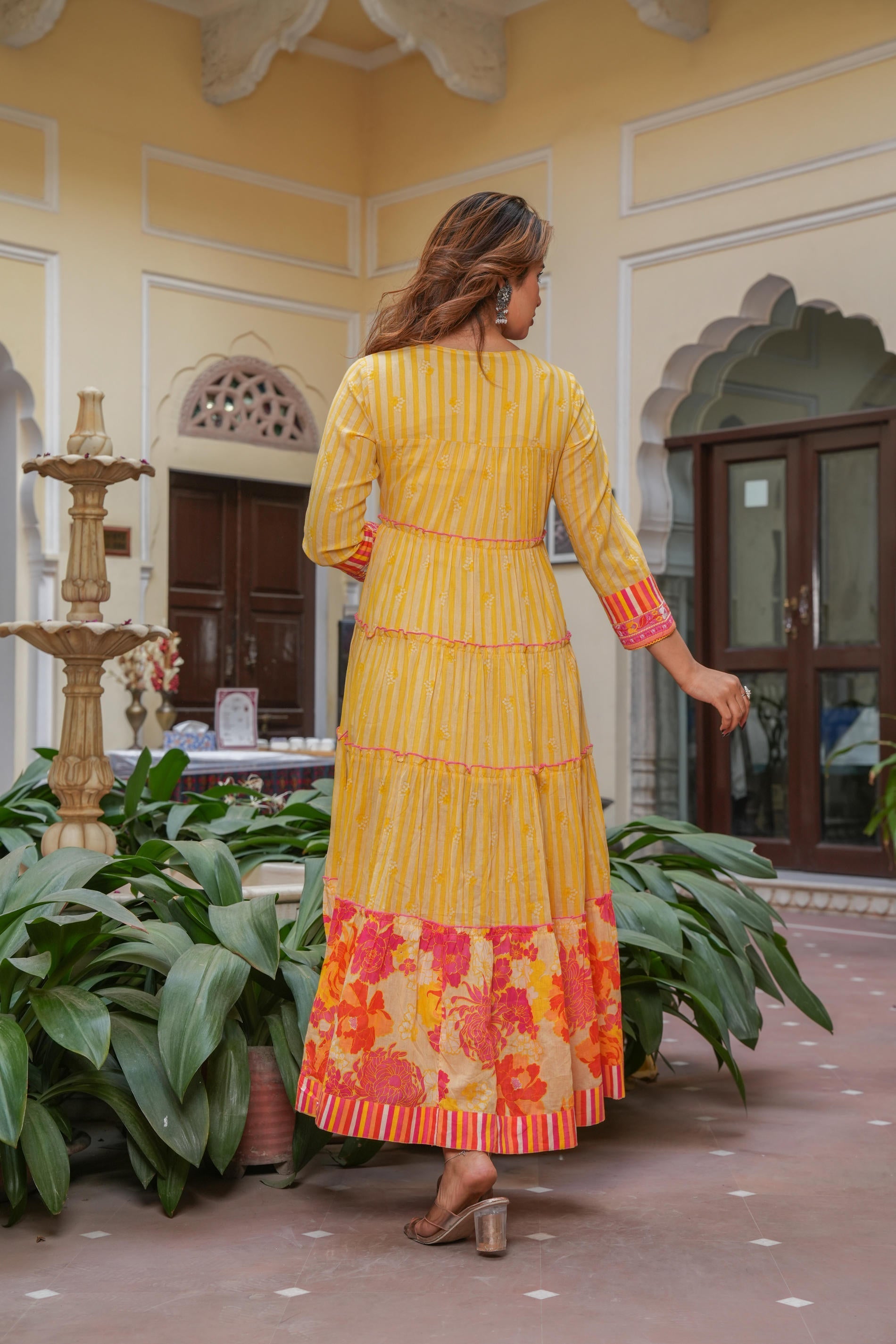 Mustard Flared Panelled Dress with Printed Floral Hem and Yoke Embroid