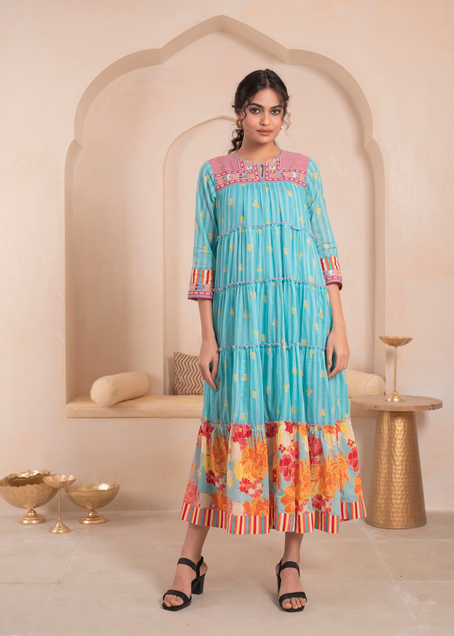 Skyblue Flared Panelled Dress with Printed Floral Hem and Yoke Embroid