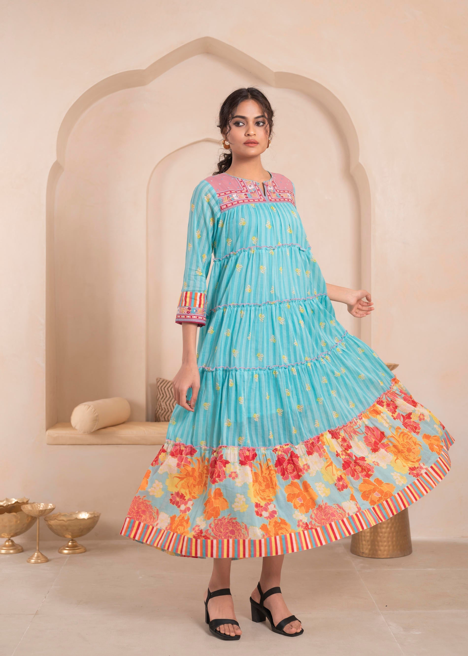 Skyblue Flared Panelled Dress with Printed Floral Hem and Yoke Embroid