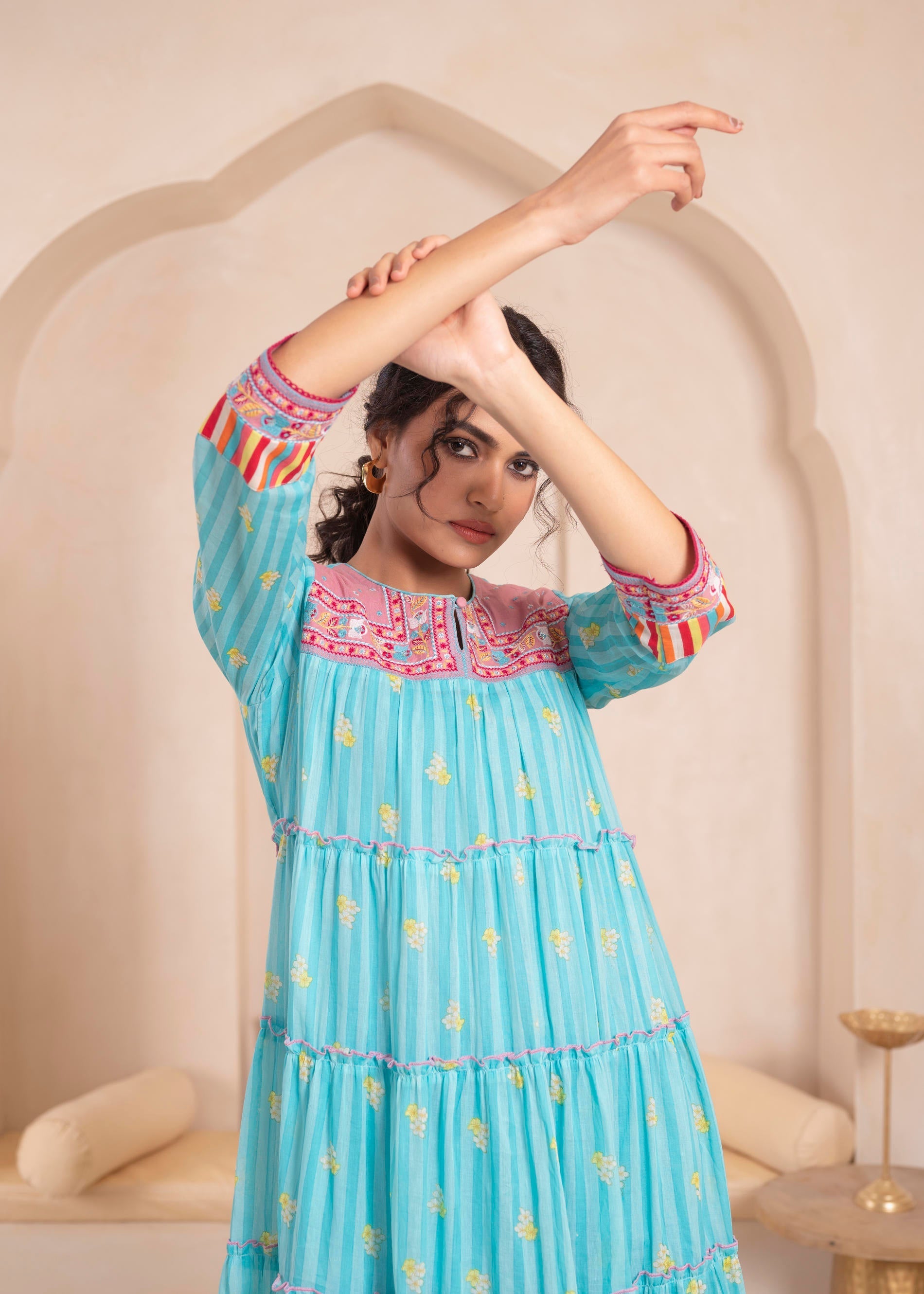 Skyblue Flared Panelled Dress with Printed Floral Hem and Yoke Embroid