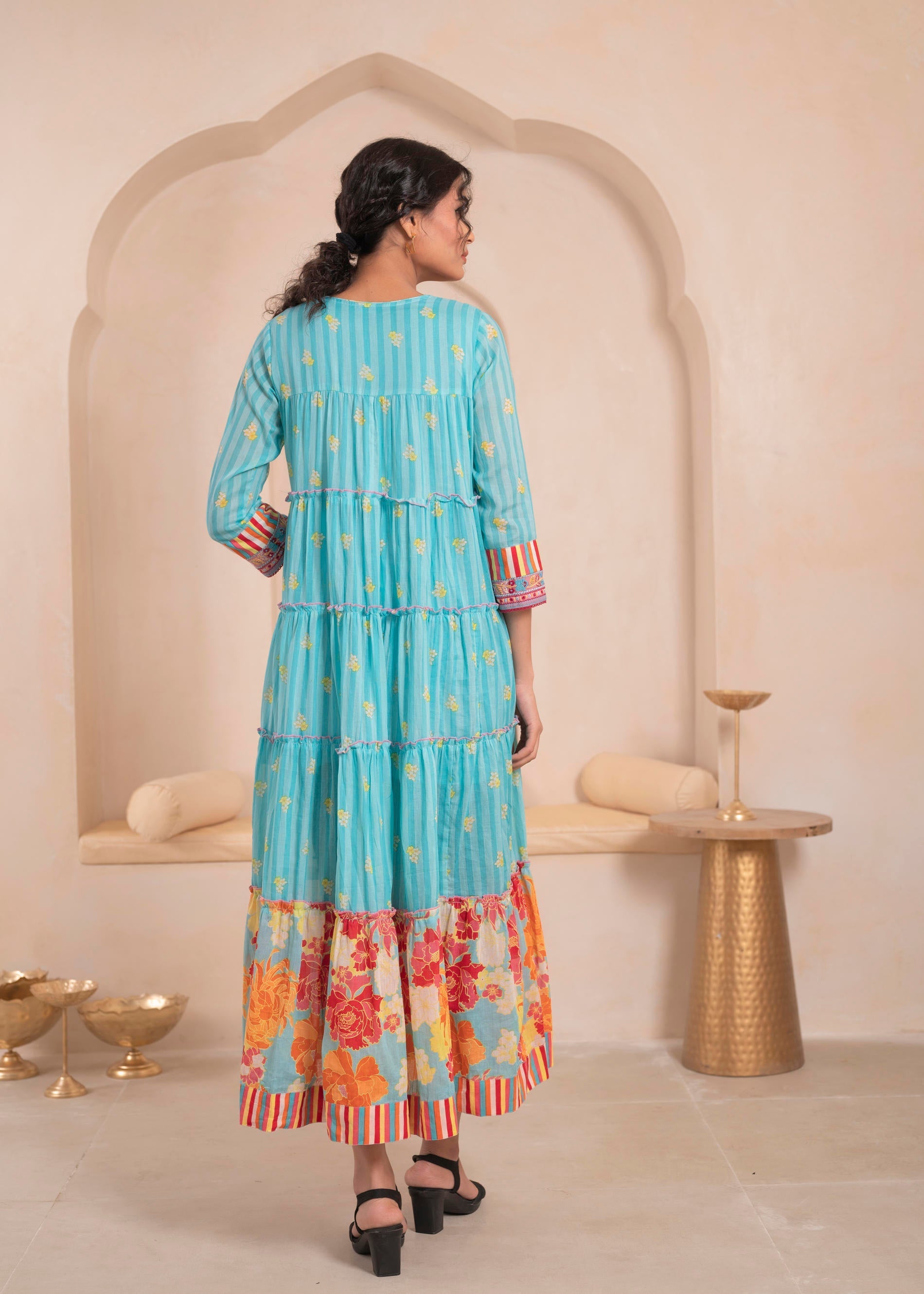 Skyblue Flared Panelled Dress with Printed Floral Hem and Yoke Embroid
