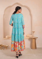 Skyblue Flared Panelled Dress with Printed Floral Hem and Yoke Embroidery