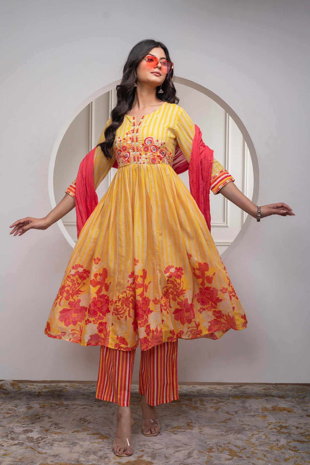 Mustard Cotton Kurta Pant & Chiffon Dupatta Set with Embroidered Floral Thread & Mirror Work