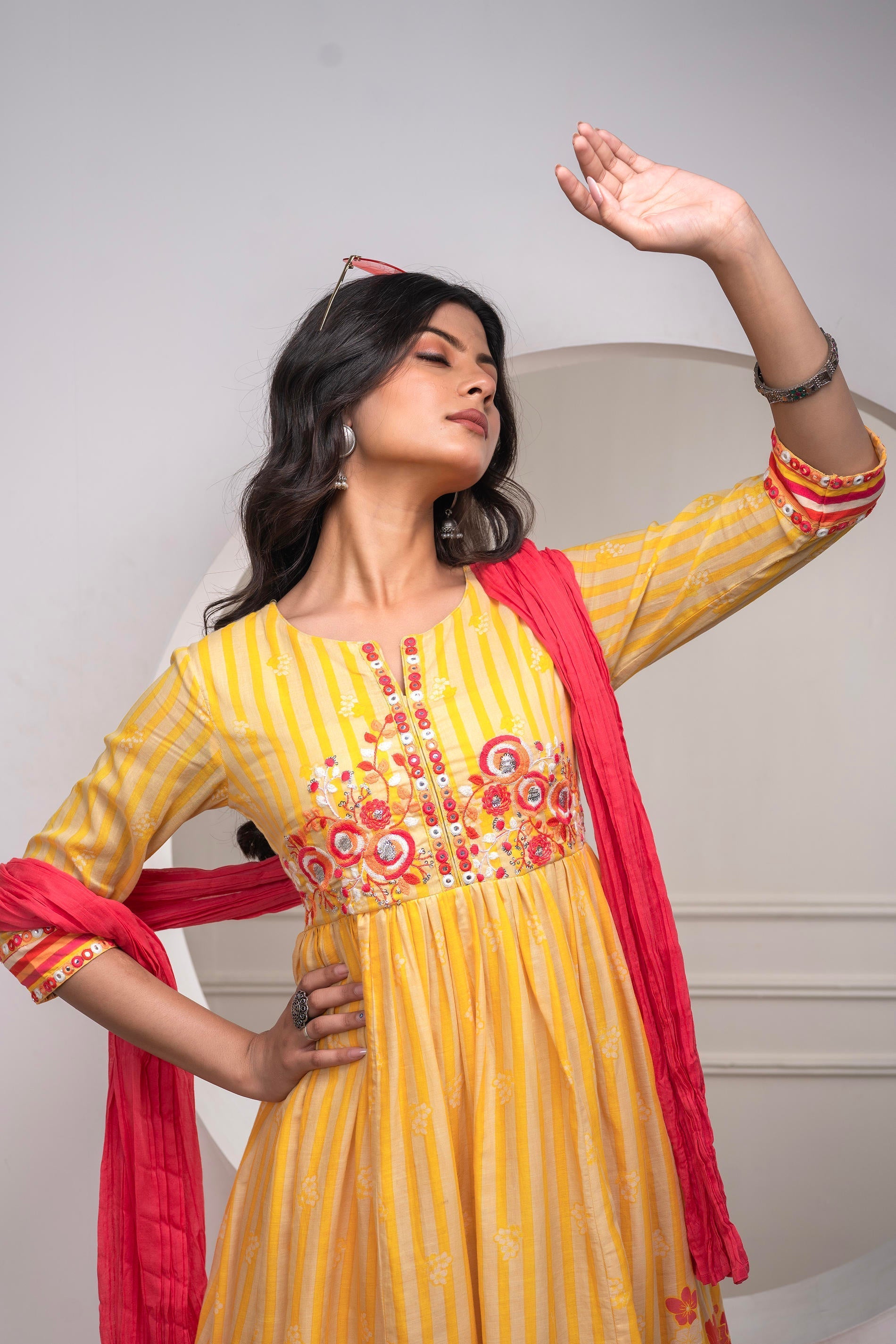 Mustard Cotton Kurta Pant & Chiffon Dupatta Set with Embroidered Flora