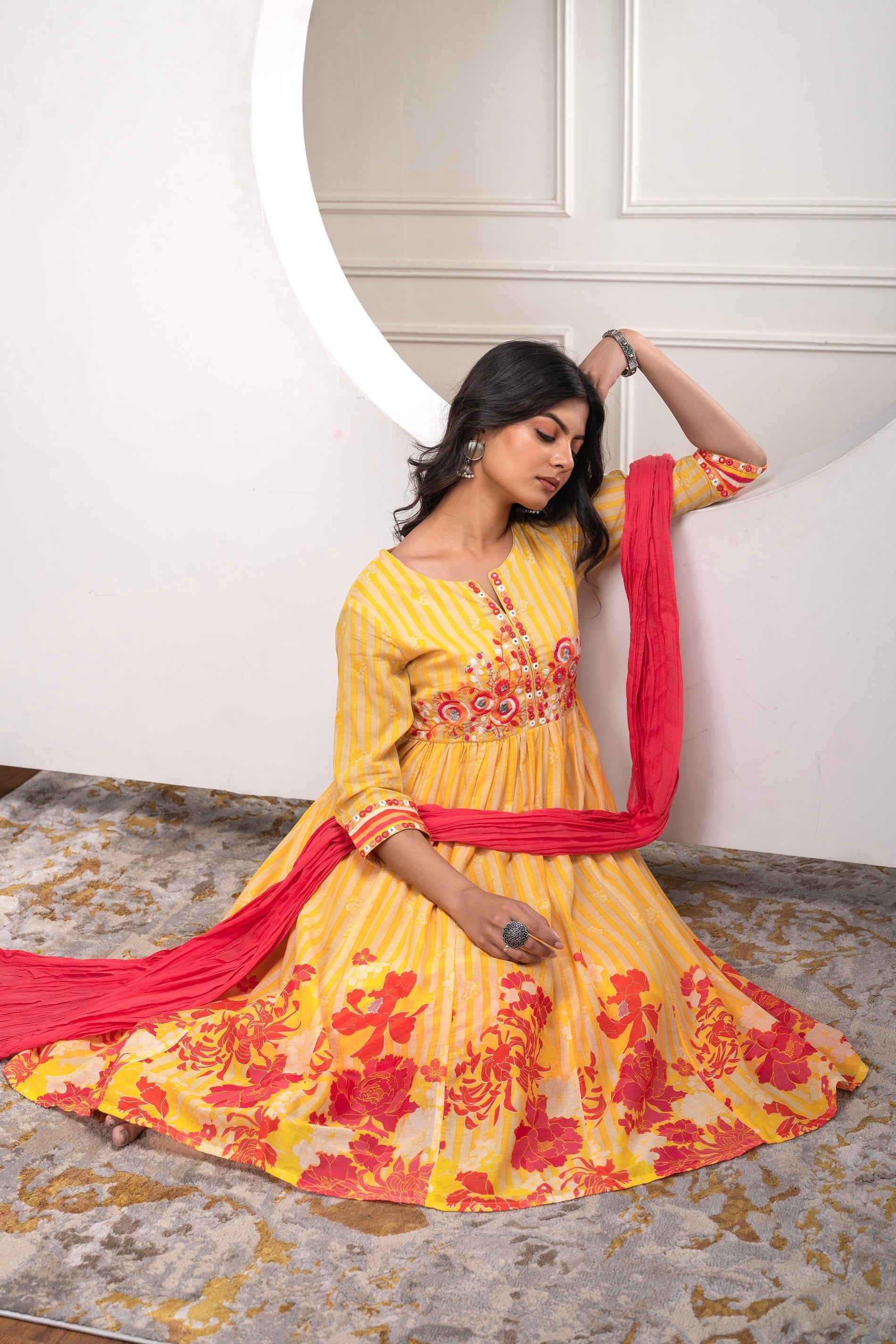 Mustard Cotton Kurta Pant & Chiffon Dupatta Set with Embroidered Flora